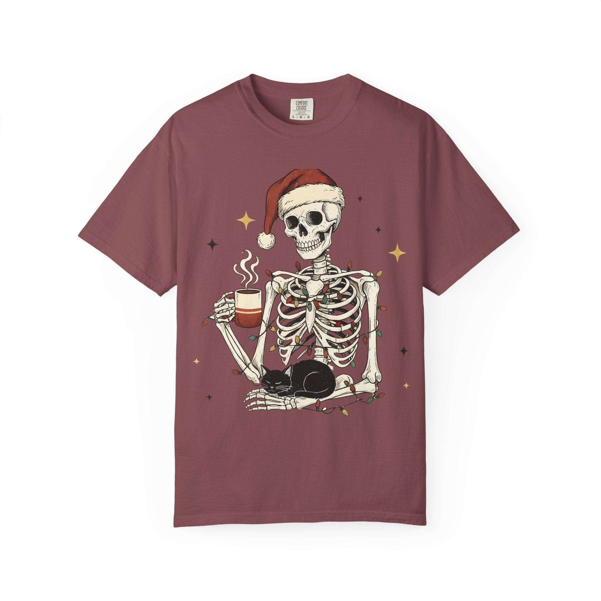 Skeleton Christmas Shirt – Spooky Holiday Shirt with Santa Hat, Coffee, Black Cat & Lights | Funny Cozy Gothic Christmas Tee