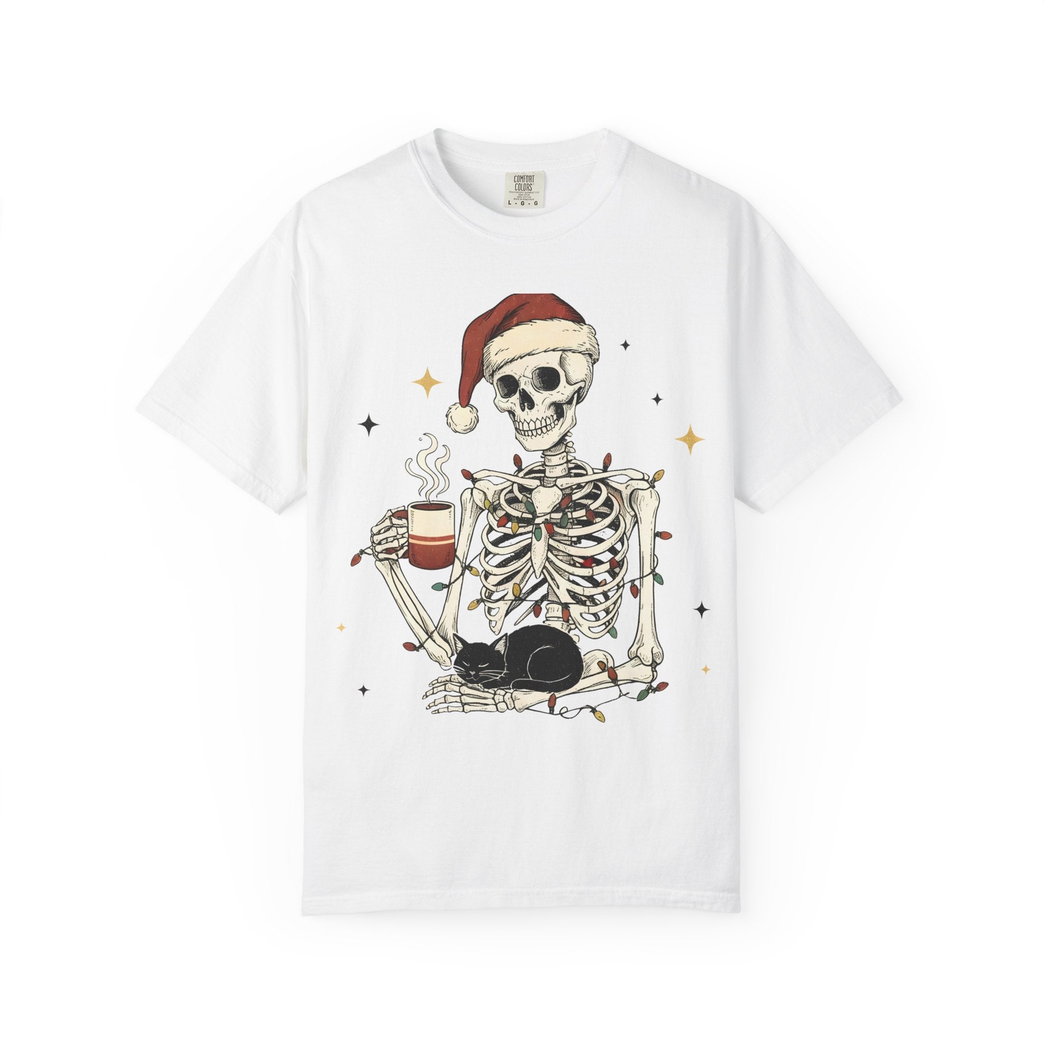 Skeleton Christmas Shirt – Spooky Holiday Shirt with Santa Hat, Coffee, Black Cat & Lights | Funny Cozy Gothic Christmas Tee