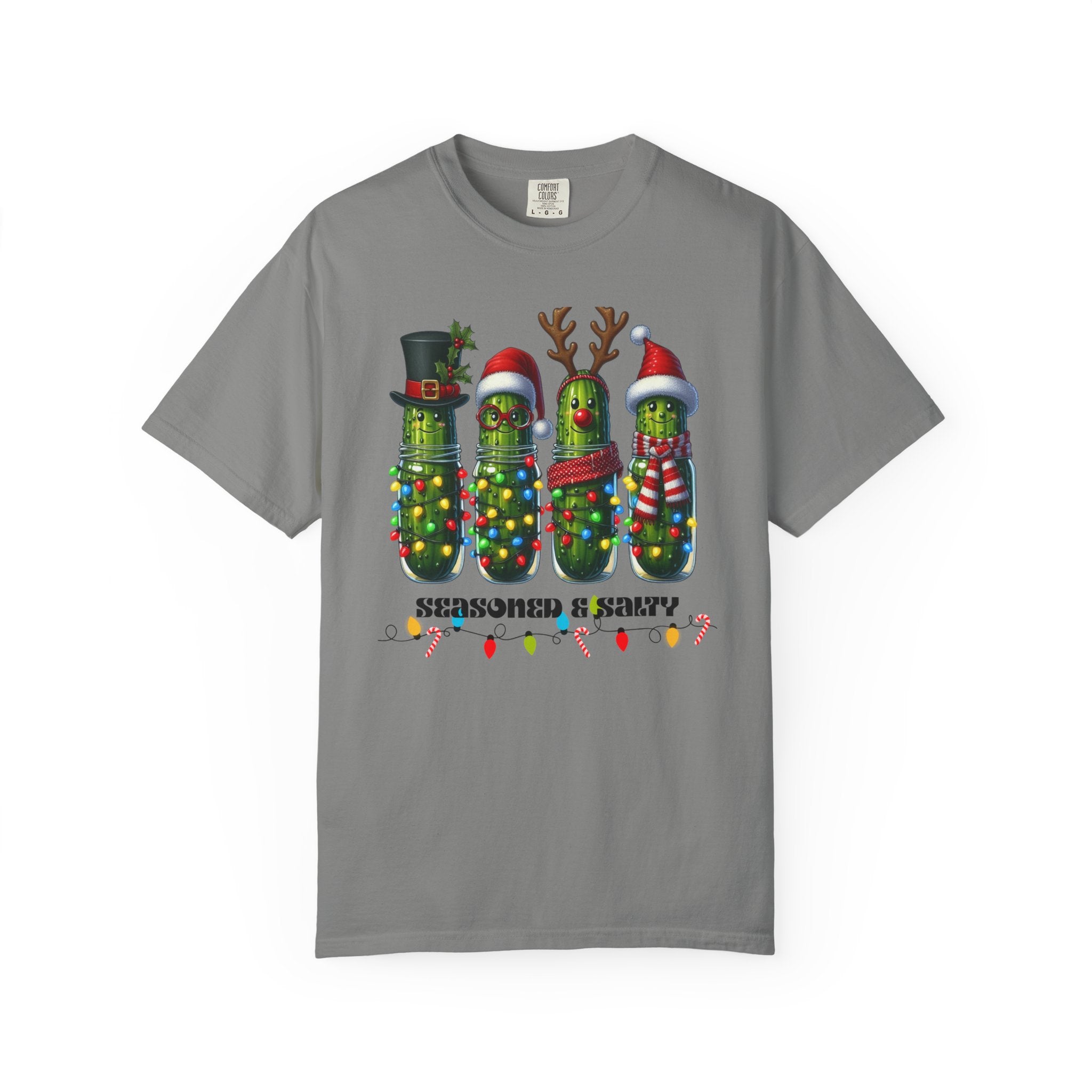 Seasoned & Salty Christmas Pickle T-Shirt | Funny Holiday Shirt, Cute Christmas Tee, Festive Graphic Top, Quirky Gift for Her or Him