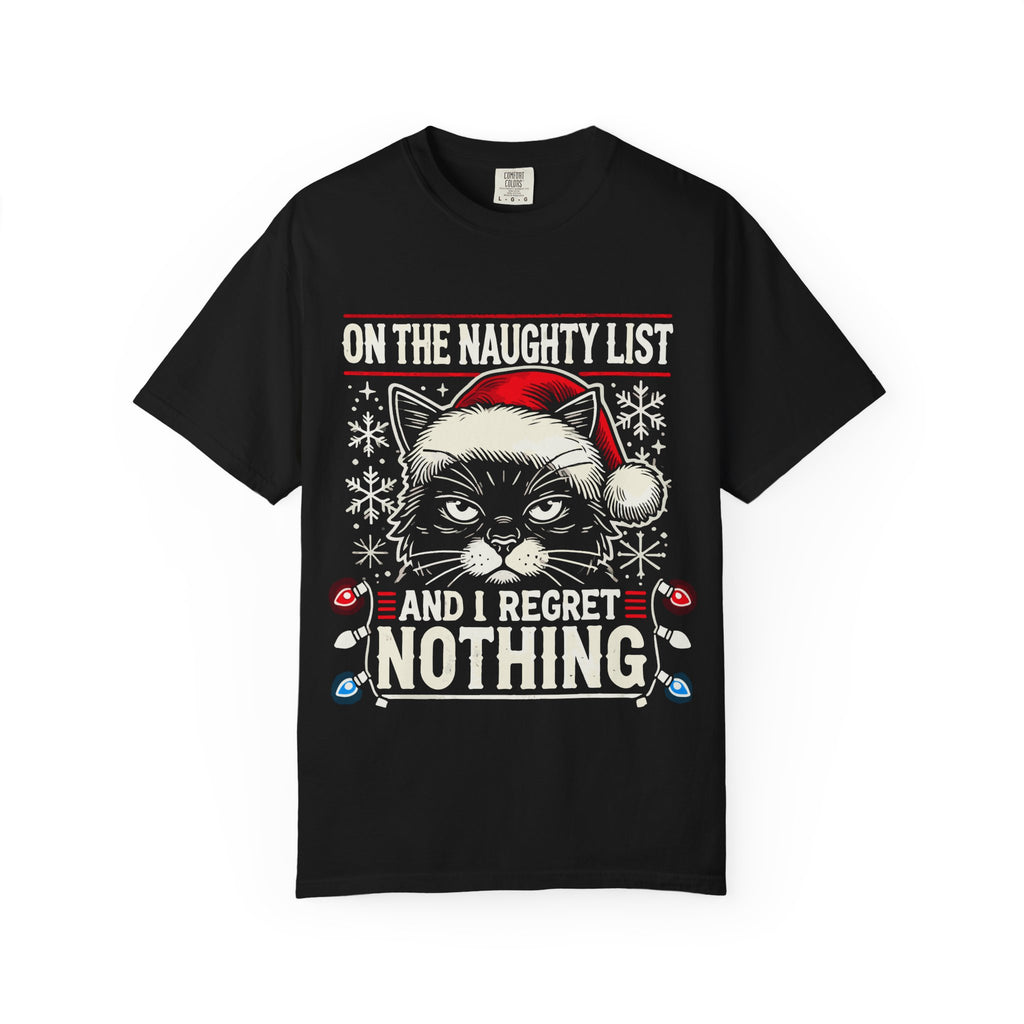 Funny Naughty Cat Christmas Shirt – "I Regret Nothing" Tee