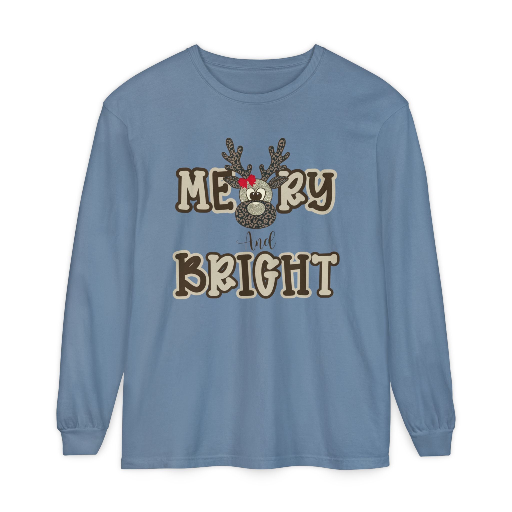 Merry & Bright Reindeer Long Sleeve – Comfort Colors® Cheetah Print Christmas Shirt for Women