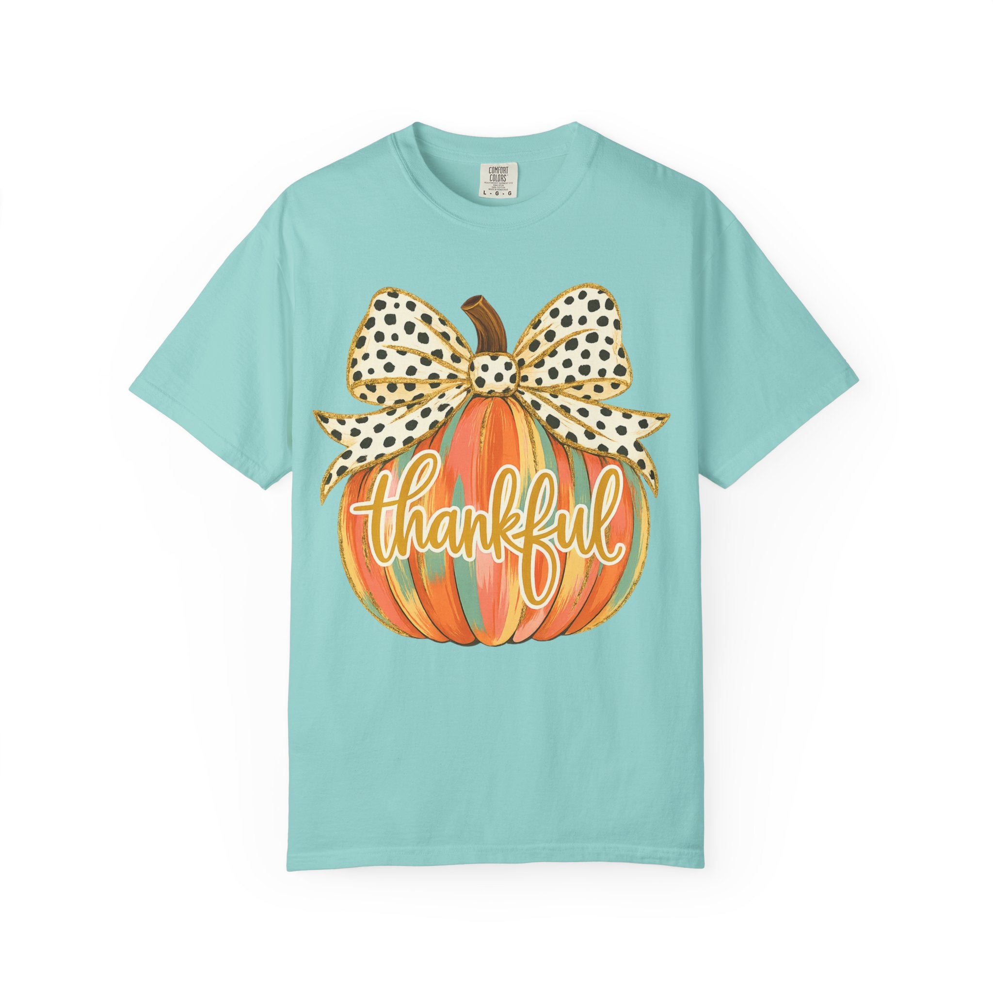 Thankful Pumpkin Shirt – Colorful Fall Tee with Leopard Bow & Glitter Detail | Coquette Thanksgiving Graphic T-Shirt