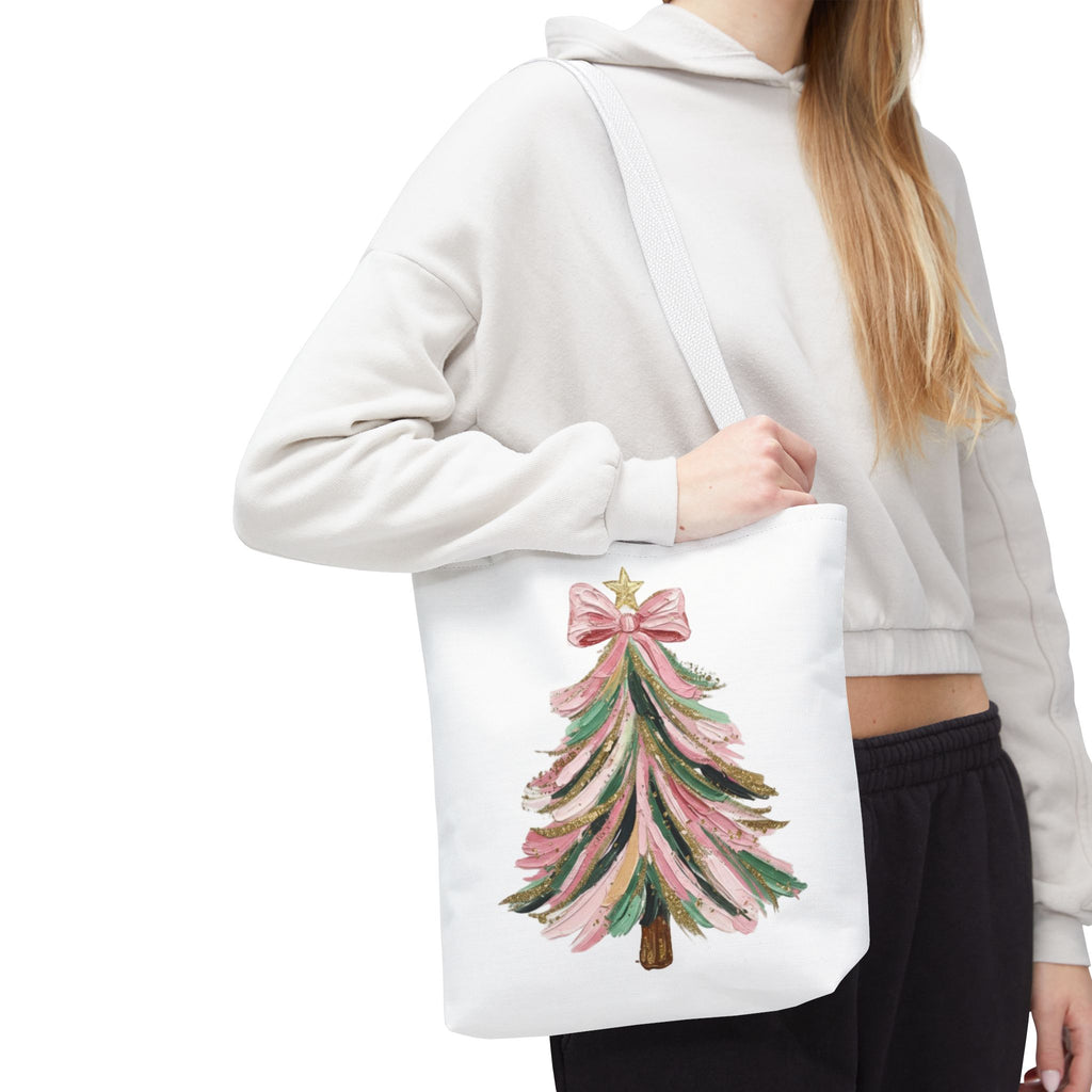Coquette Christmas Tree Tote – Pink Glitter Canvas Bag for Holidays