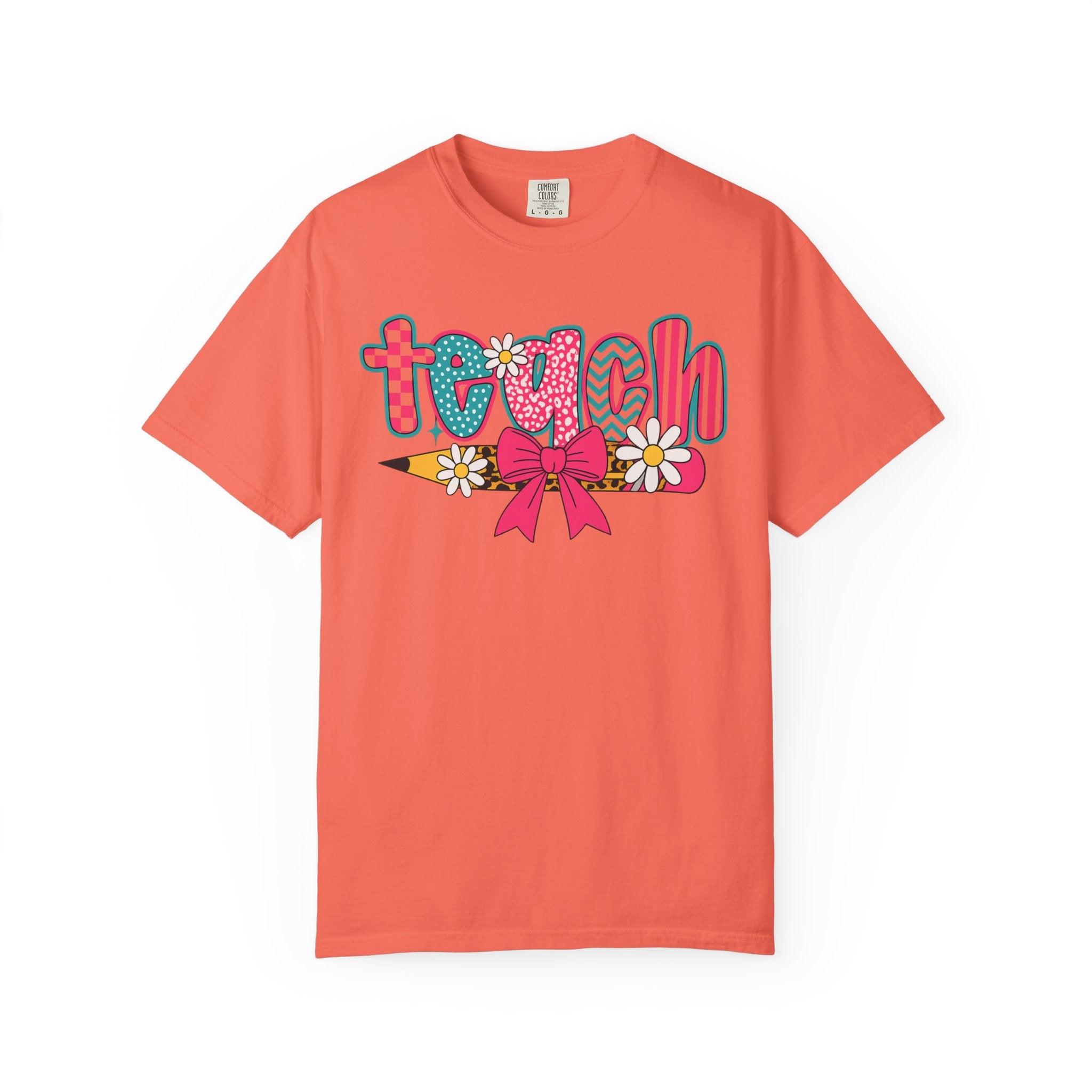 Retro Teacher T-Shirt | Colorful Teach Graphic Tee with Bow & Daisies | Cute Teacher Gift