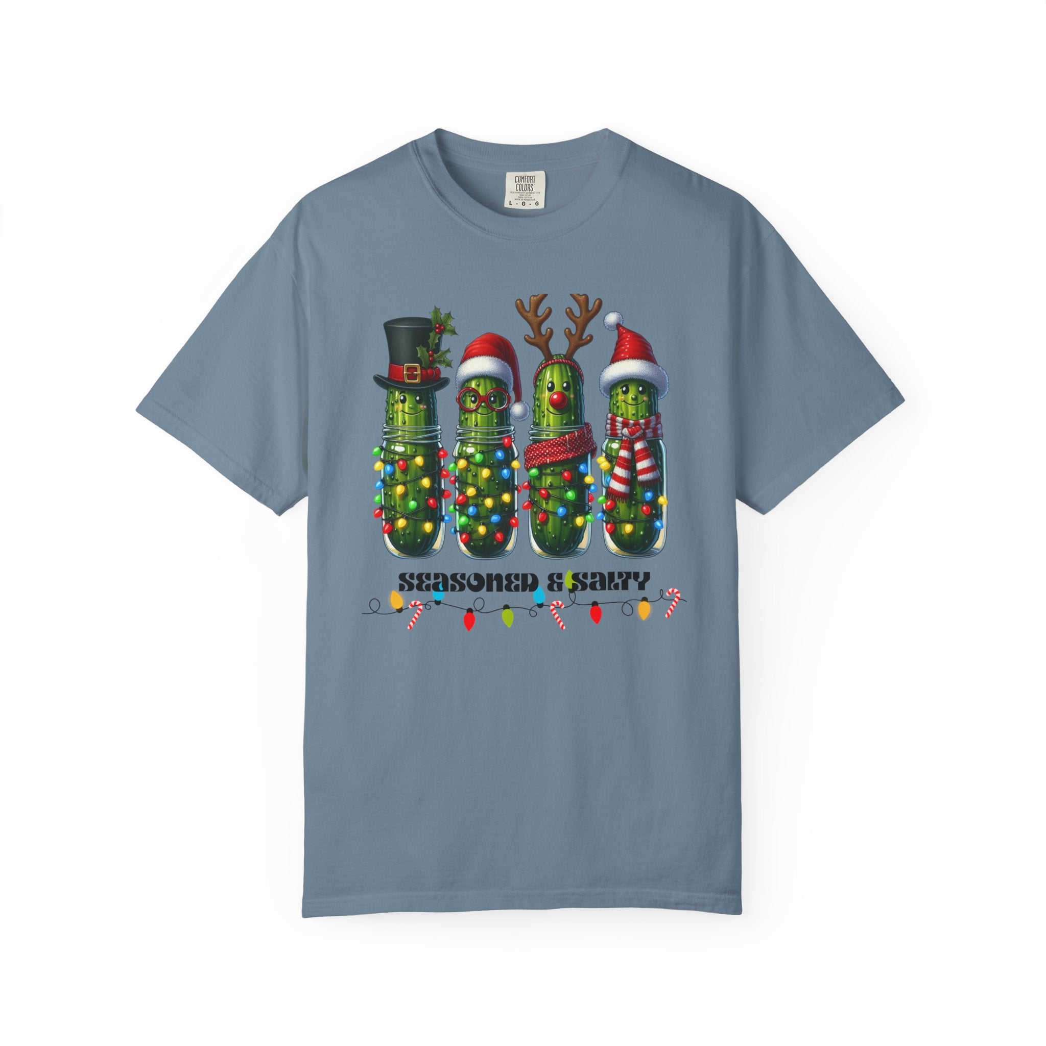 Seasoned & Salty Christmas Pickle T-Shirt | Funny Holiday Shirt, Cute Christmas Tee, Festive Graphic Top, Quirky Gift for Her or Him