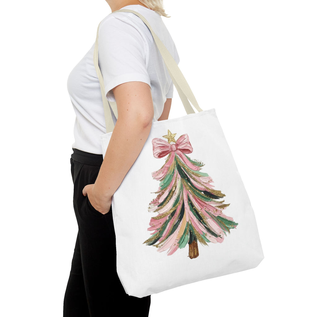 Coquette Christmas Tree Tote – Pink Glitter Canvas Bag for Holidays