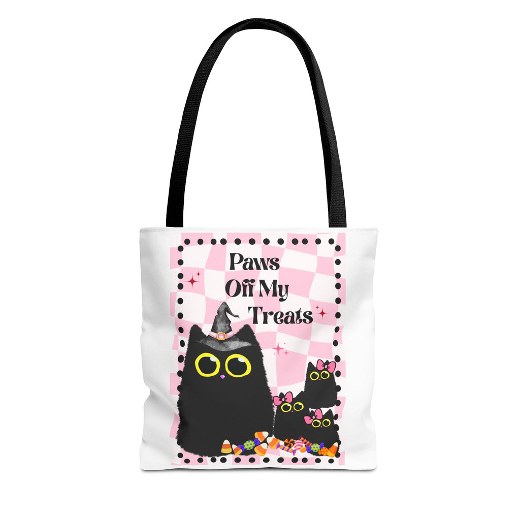 Paws Off My Treats Halloween Tote Bag | Cute Black Cat Candy Trick-or-Treat Canvas Bag
