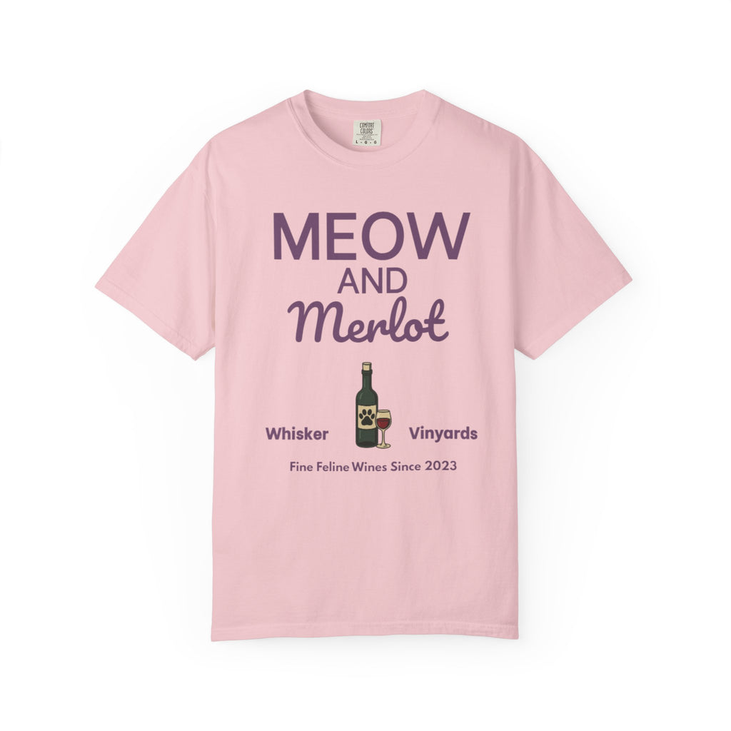 Meow and Merlot Comfort Colors Tee – Cat & Wine Lover Shirt