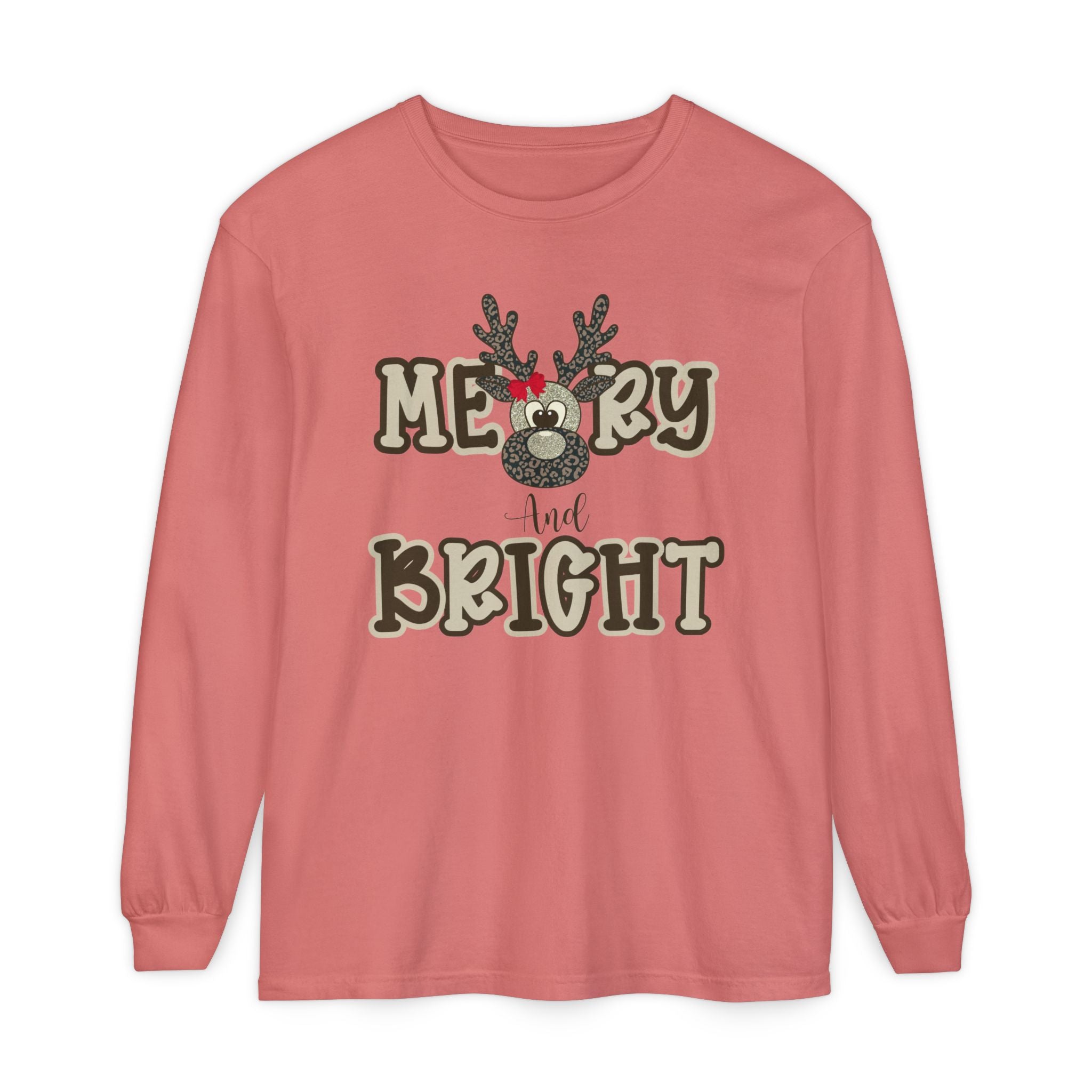Merry & Bright Reindeer Long Sleeve – Comfort Colors® Cheetah Print Christmas Shirt for Women