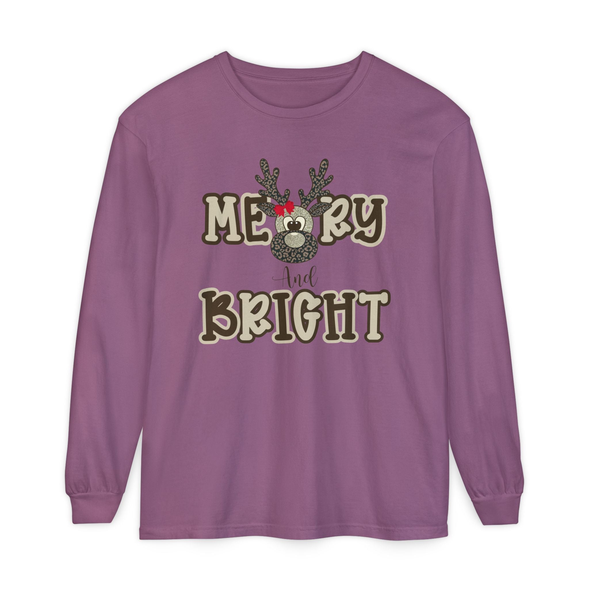 Merry & Bright Reindeer Long Sleeve – Comfort Colors® Cheetah Print Christmas Shirt for Women