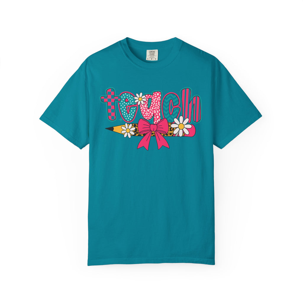 Retro Teacher T-Shirt | Colorful Teach Graphic Tee with Bow & Daisies | Cute Teacher Gift