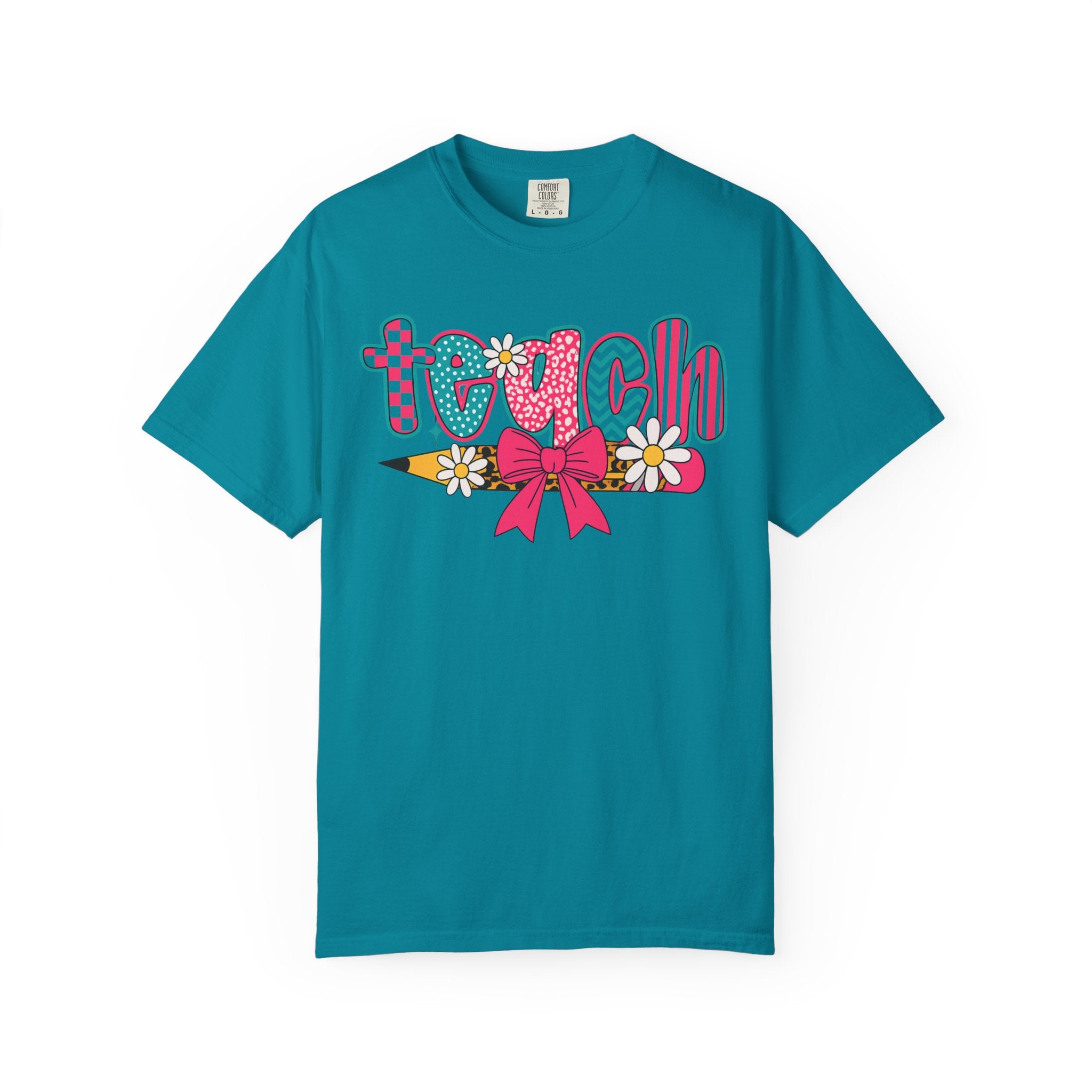 Retro Teacher T-Shirt | Colorful Teach Graphic Tee with Bow & Daisies | Cute Teacher Gift