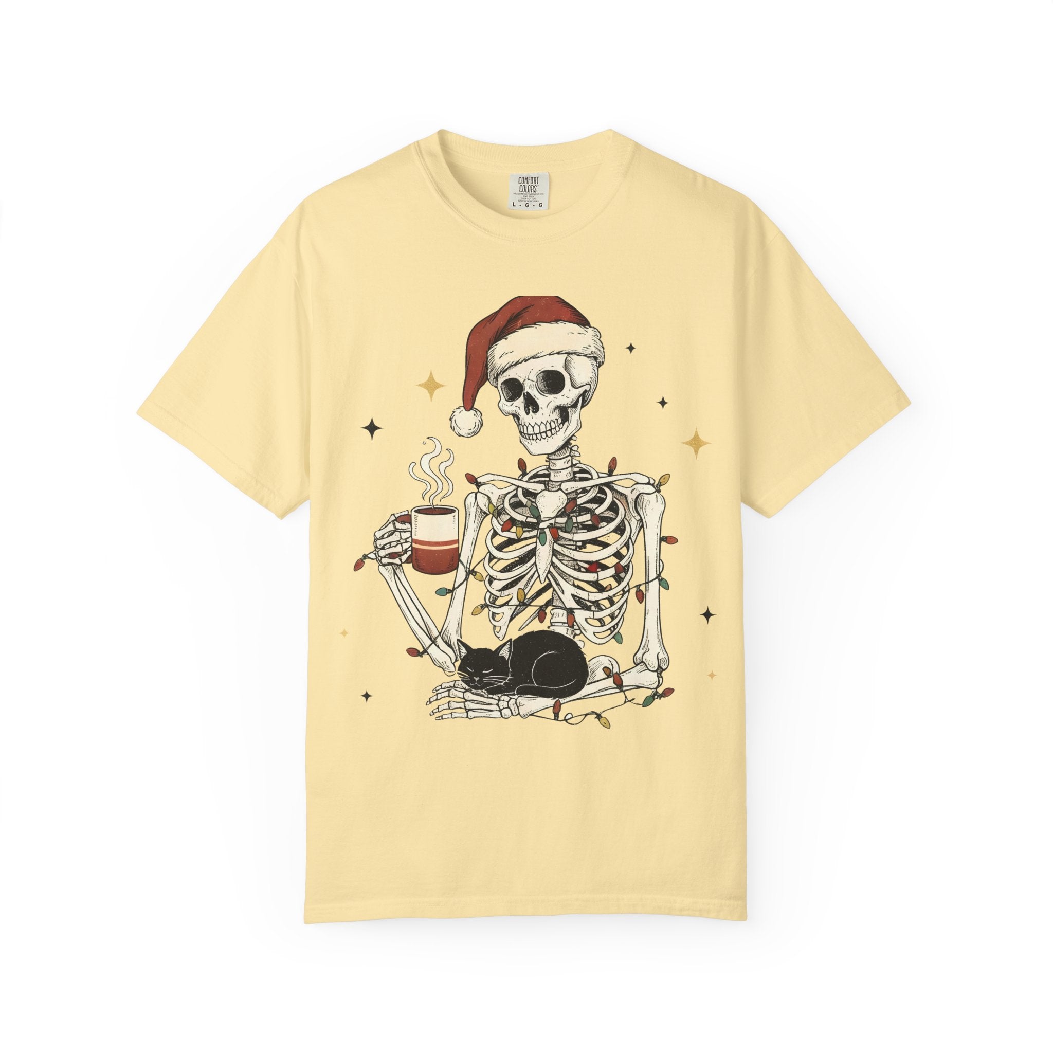 Skeleton Christmas Shirt – Spooky Holiday Shirt with Santa Hat, Coffee, Black Cat & Lights | Funny Cozy Gothic Christmas Tee