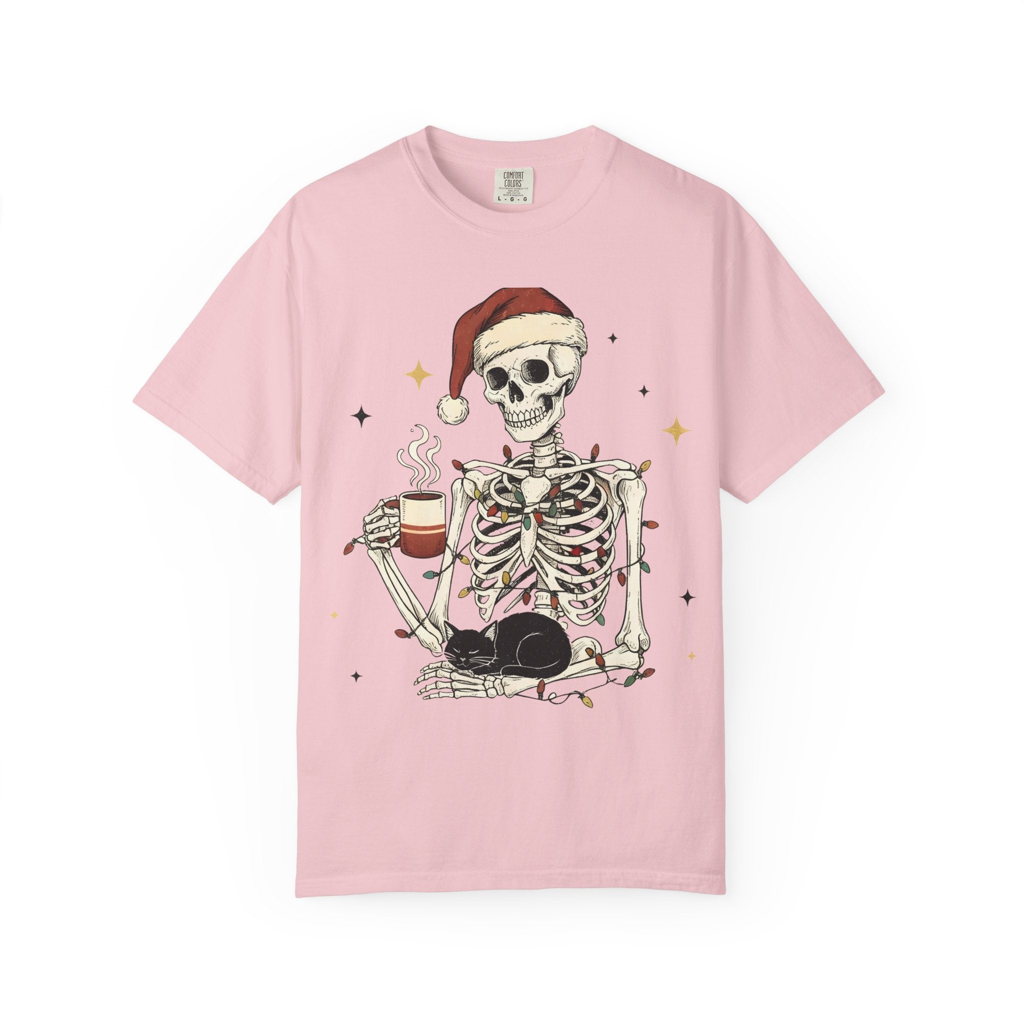 Skeleton Christmas Shirt – Spooky Holiday Shirt with Santa Hat, Coffee, Black Cat & Lights | Funny Cozy Gothic Christmas Tee