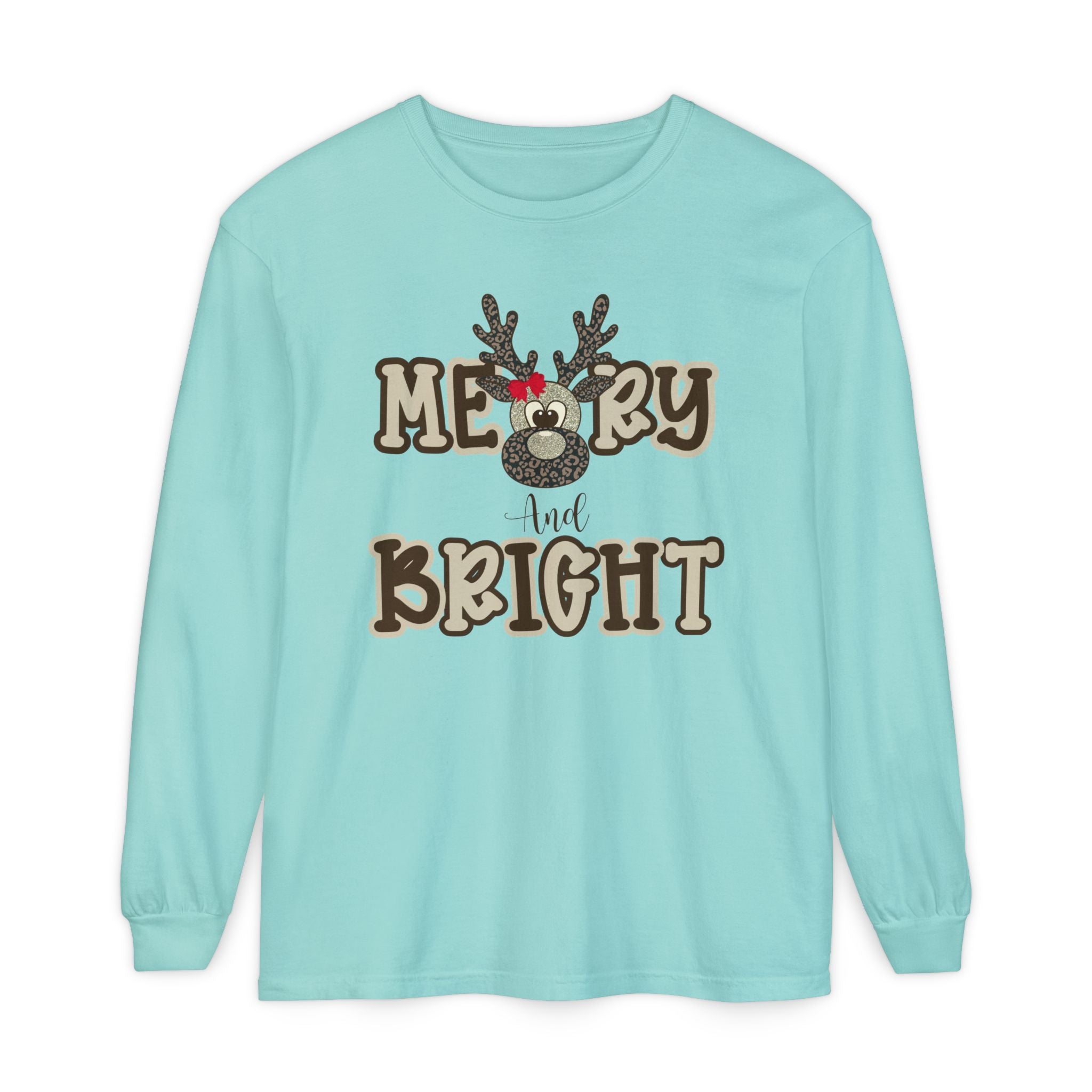 Merry & Bright Reindeer Long Sleeve – Comfort Colors® Cheetah Print Christmas Shirt for Women