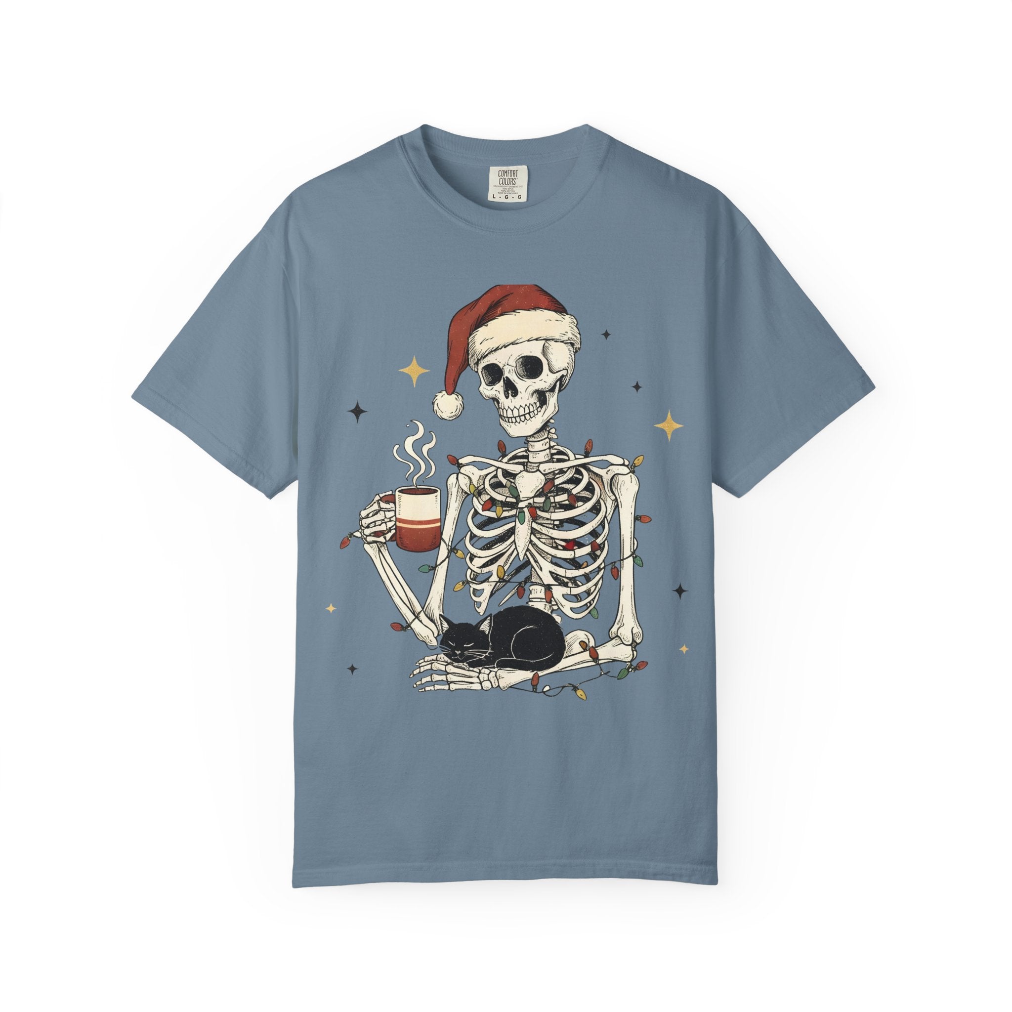 Skeleton Christmas Shirt – Spooky Holiday Shirt with Santa Hat, Coffee, Black Cat & Lights | Funny Cozy Gothic Christmas Tee
