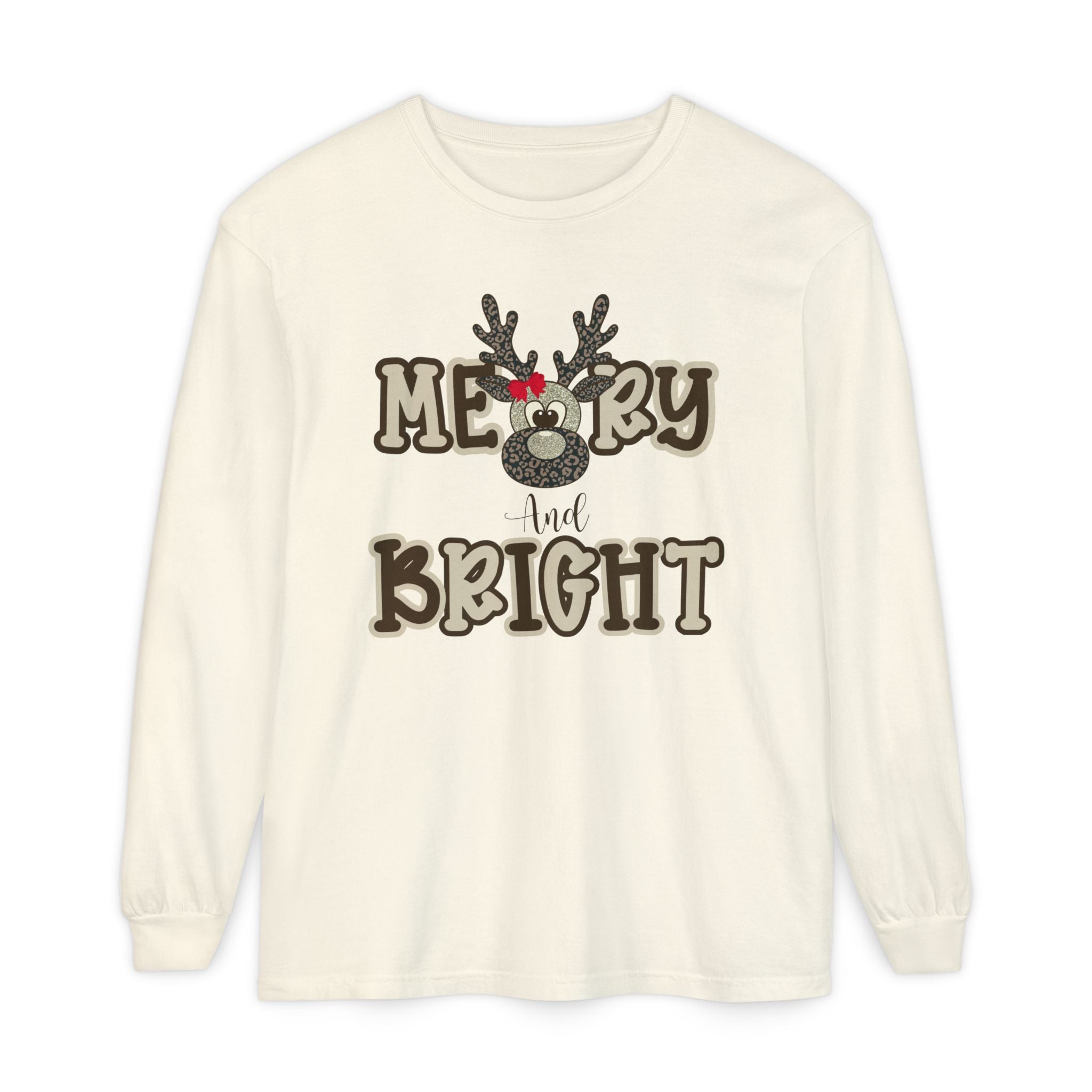 Merry & Bright Reindeer Long Sleeve – Comfort Colors® Cheetah Print Christmas Shirt for Women