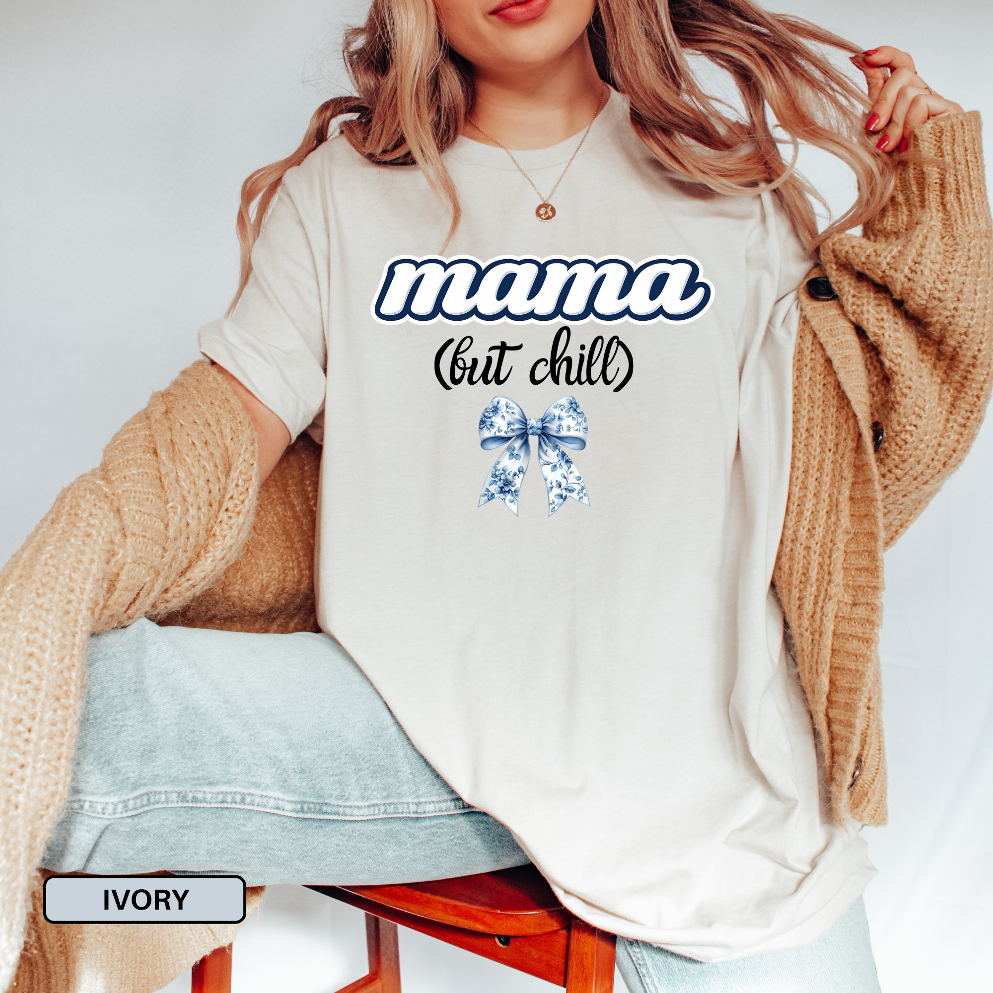 Mama (But Chill) Shirt – Comfort Colors 1717 in Blue Jean – Trendy Oversized Graphic Tee