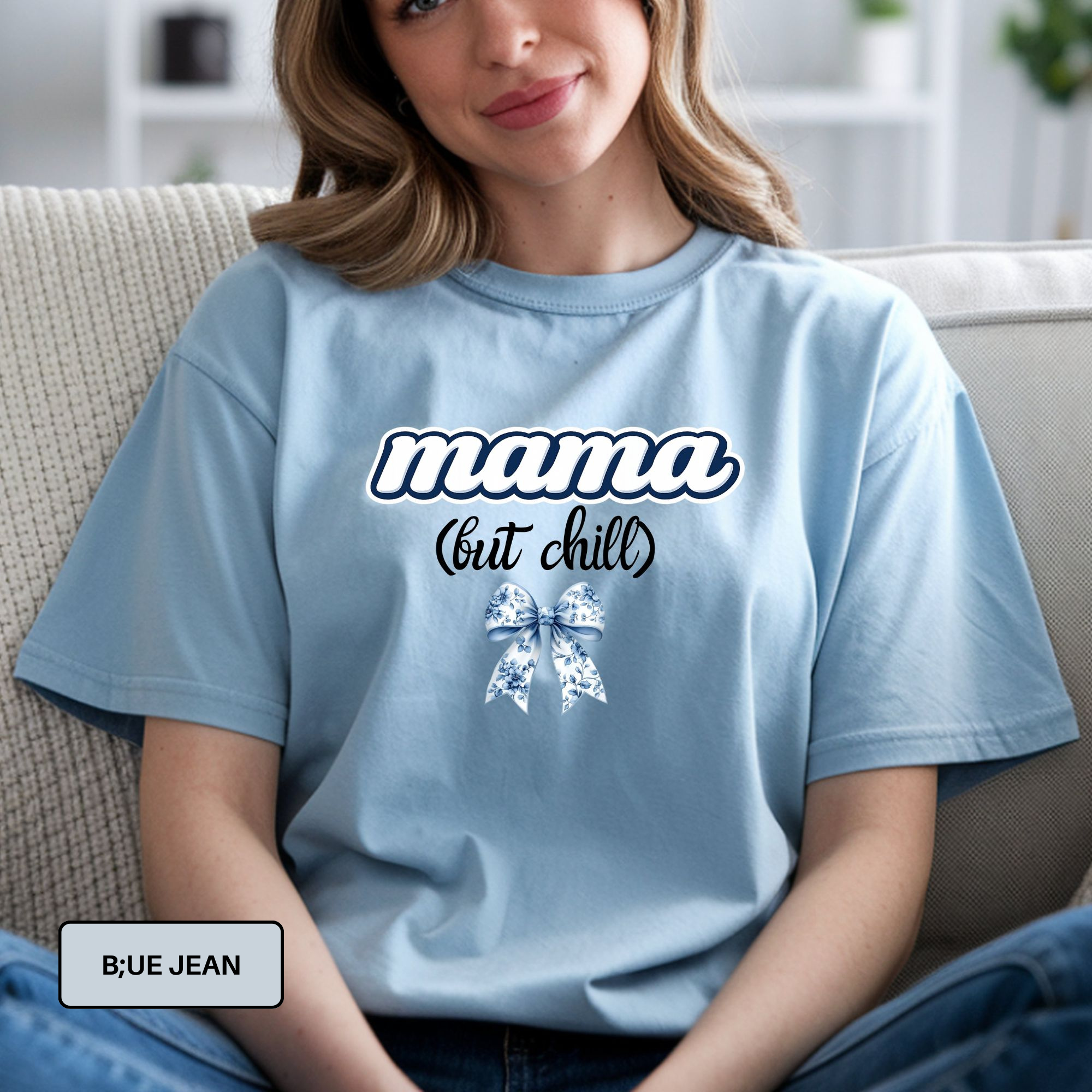 Mama (But Chill) Shirt – Comfort Colors 1717 in Blue Jean – Trendy Oversized Graphic Tee