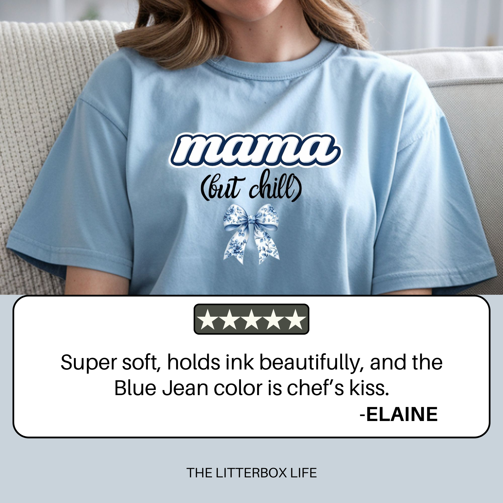 Mama (But Chill) Shirt – Comfort Colors 1717 in Blue Jean – Trendy Oversized Graphic Tee