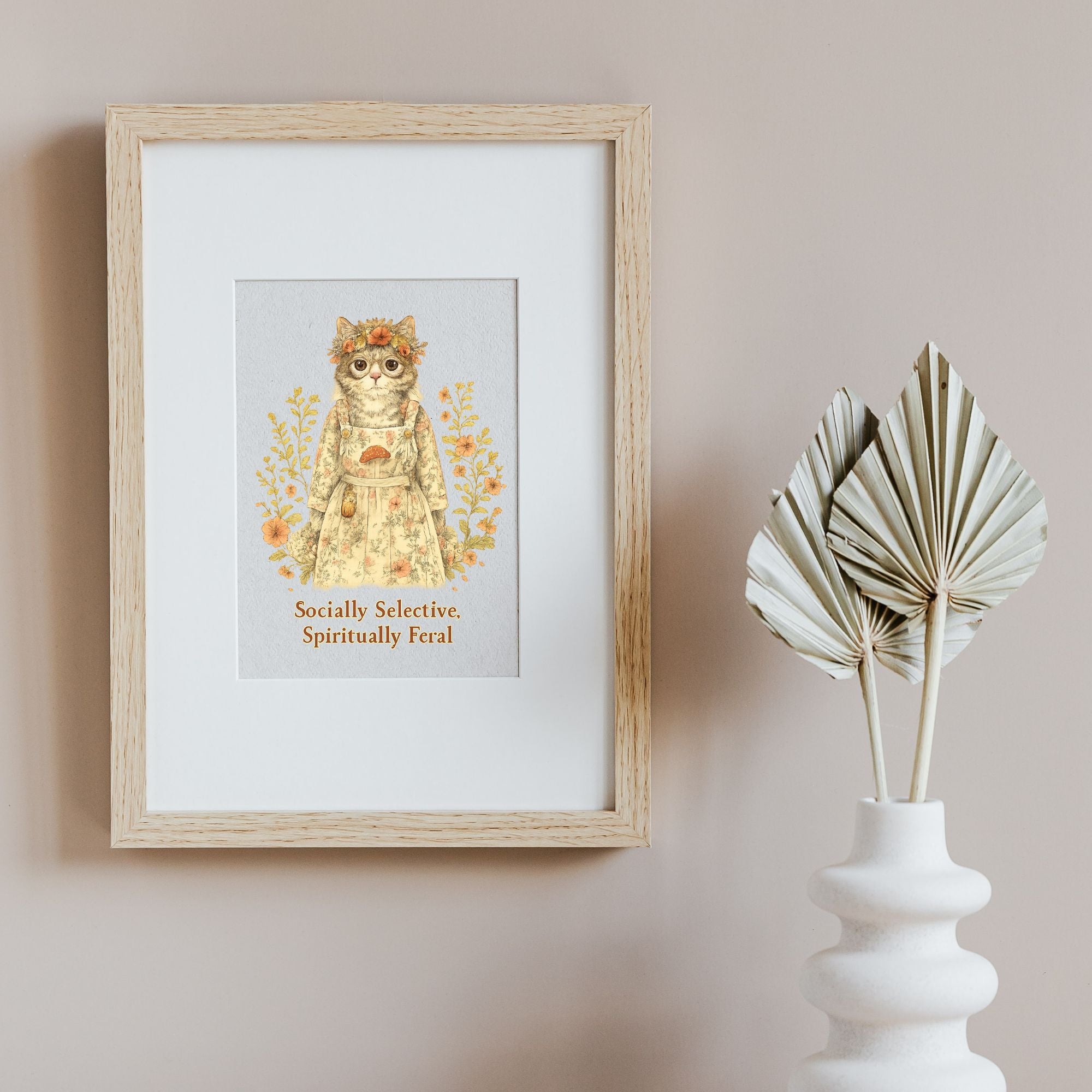 Socially Selective, Spiritually Feral – Cottagecore Cat Art Print