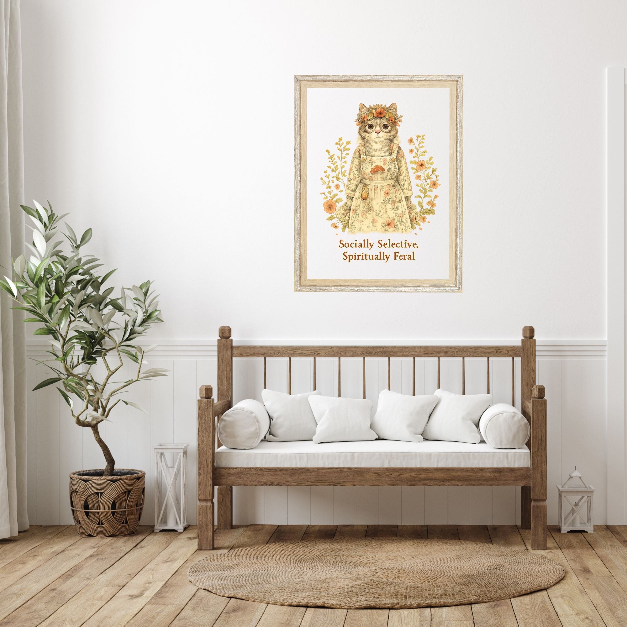 Socially Selective, Spiritually Feral – Cottagecore Cat Art Print