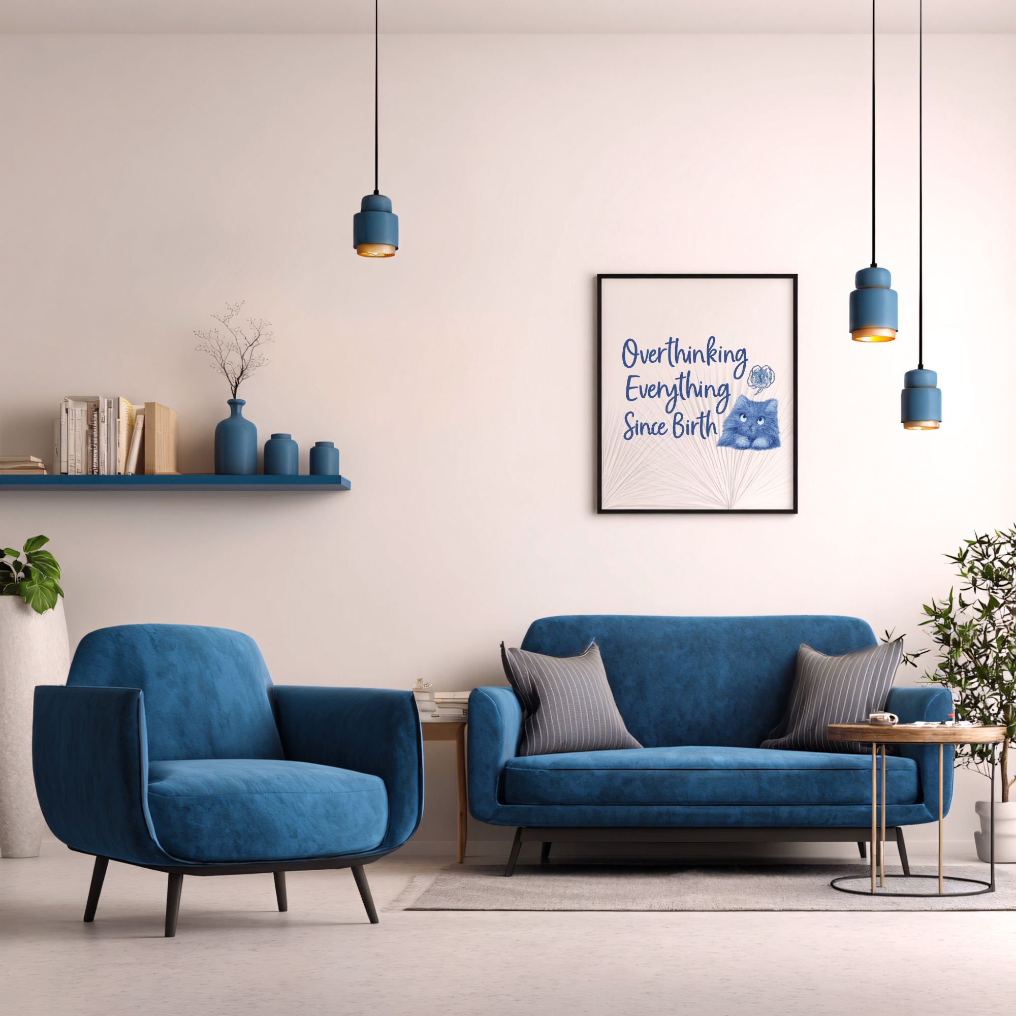 Overthinking Everything Cat Print – Blue Glacier Wall Art for Introverts