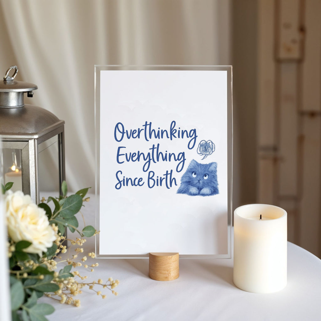 Overthinking Everything Cat Print – Blue Glacier Wall Art for Introverts