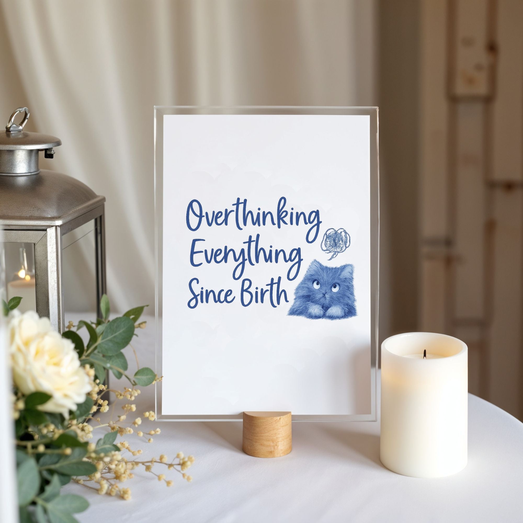 Overthinking Everything Cat Print – Blue Glacier Wall Art for Introverts