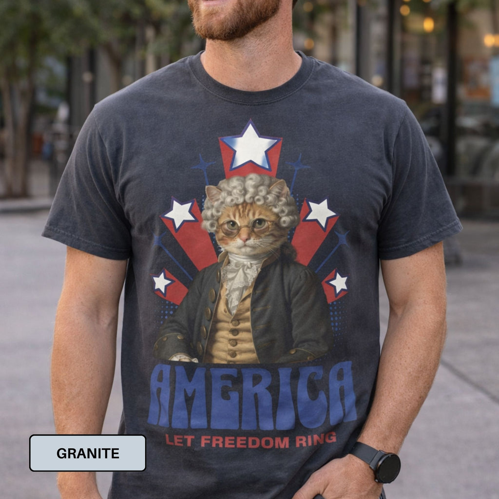America Let Freedom Ring – Patriotic Colonial Cat T-Shirt