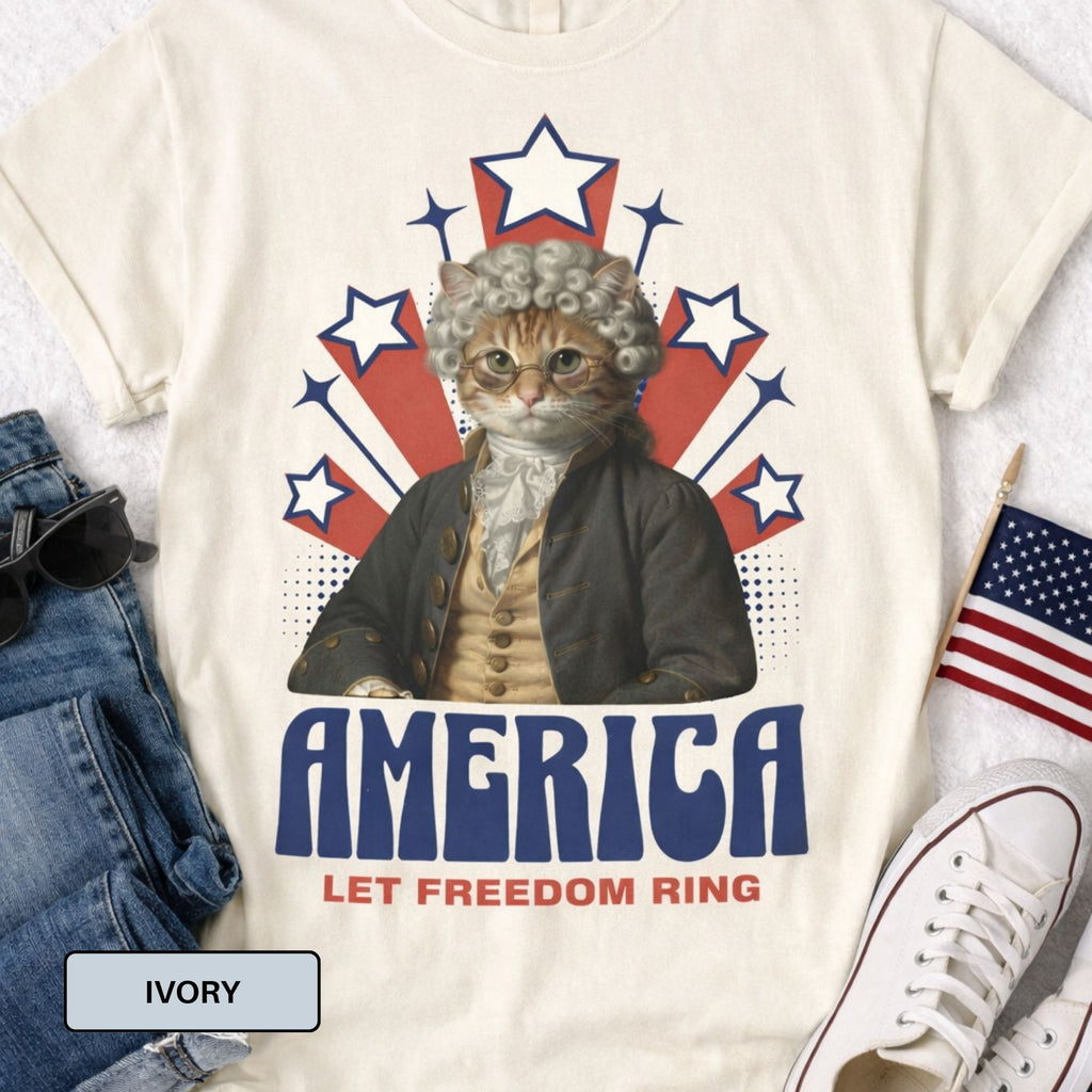 America Let Freedom Ring – Patriotic Colonial Cat T-Shirt