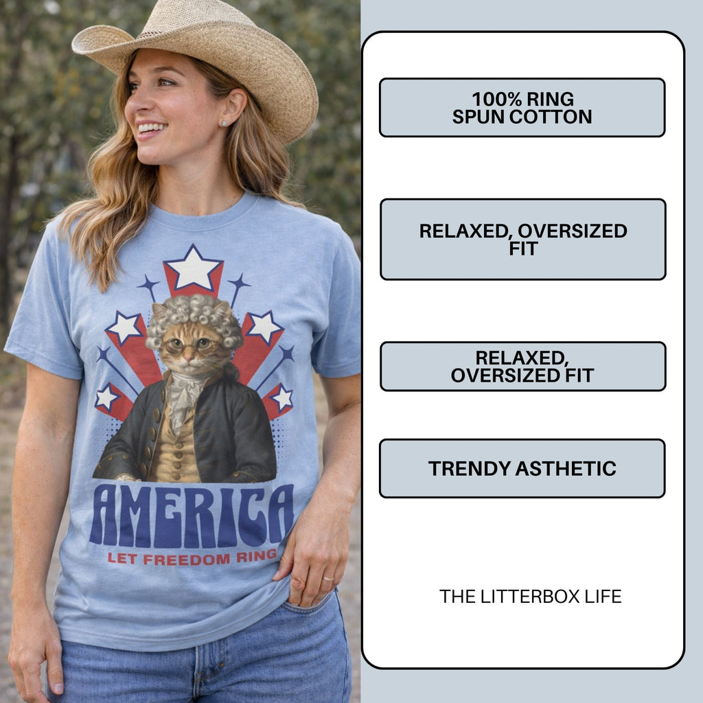 America Let Freedom Ring – Patriotic Colonial Cat T-Shirt