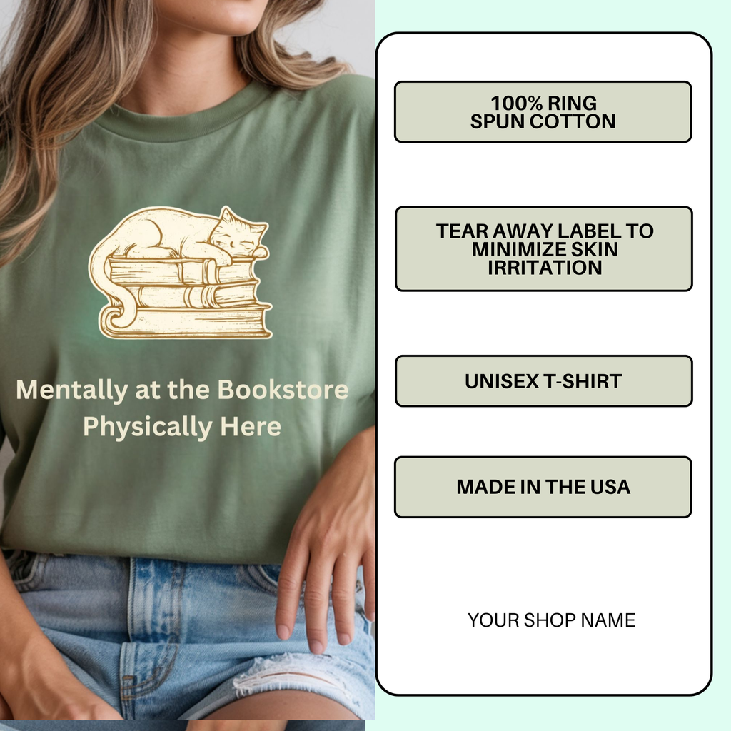 Mentally at the Bookstore Book Lover Cat T-Shirt