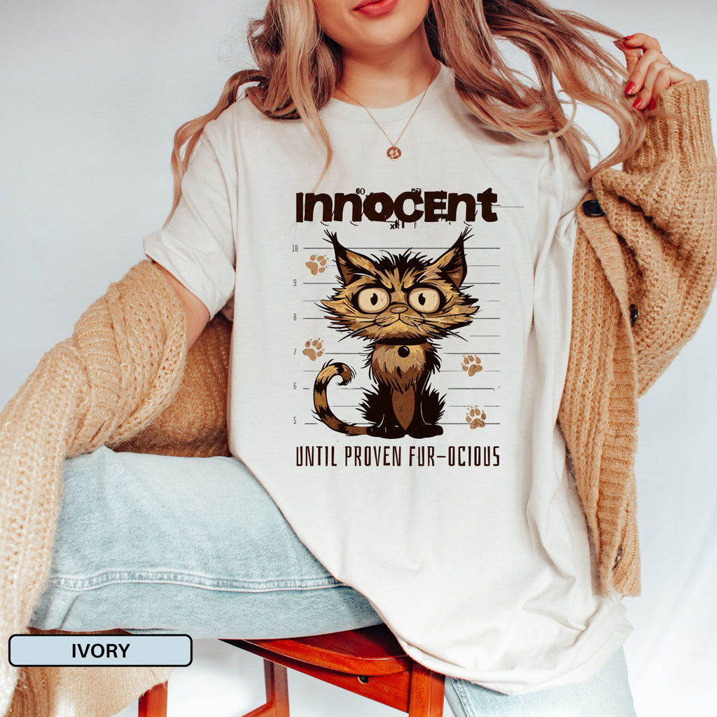 Innocent Until Proven Fur-ocious Funny Cat T-Shirt