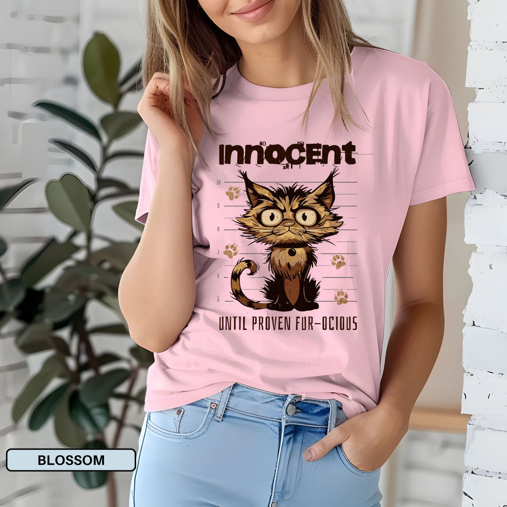 Innocent Until Proven Fur-ocious Funny Cat T-Shirt