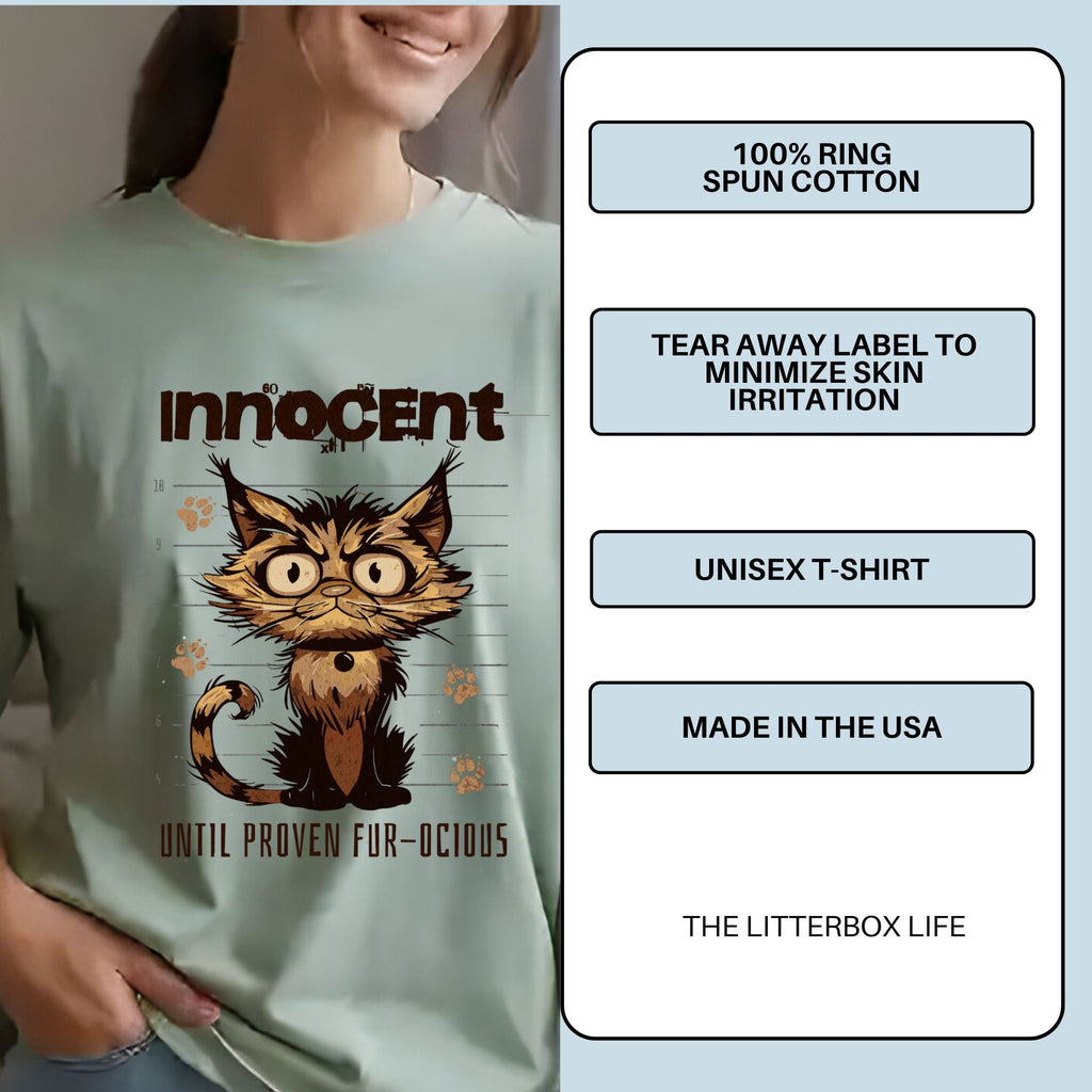 Innocent Until Proven Fur-ocious Funny Cat T-Shirt