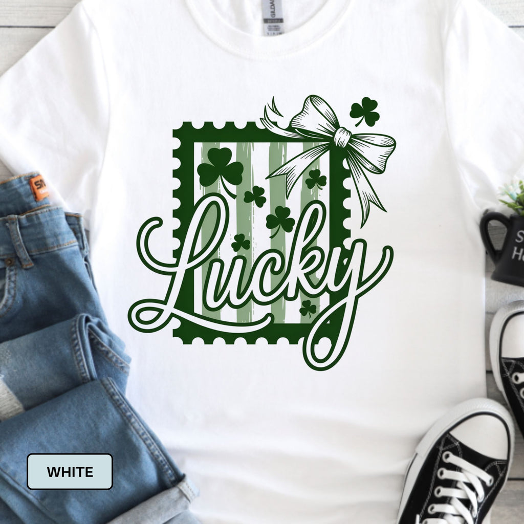 Lucky St. Patricks Day Shirt | Feminine Shamrock Bow Graphic Shirt
