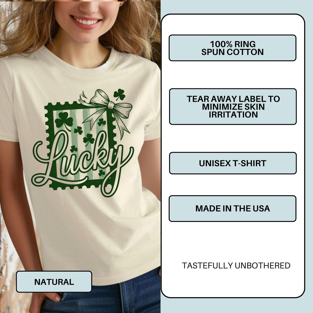 Lucky St. Patricks Day Shirt | Feminine Shamrock Bow Graphic Shirt