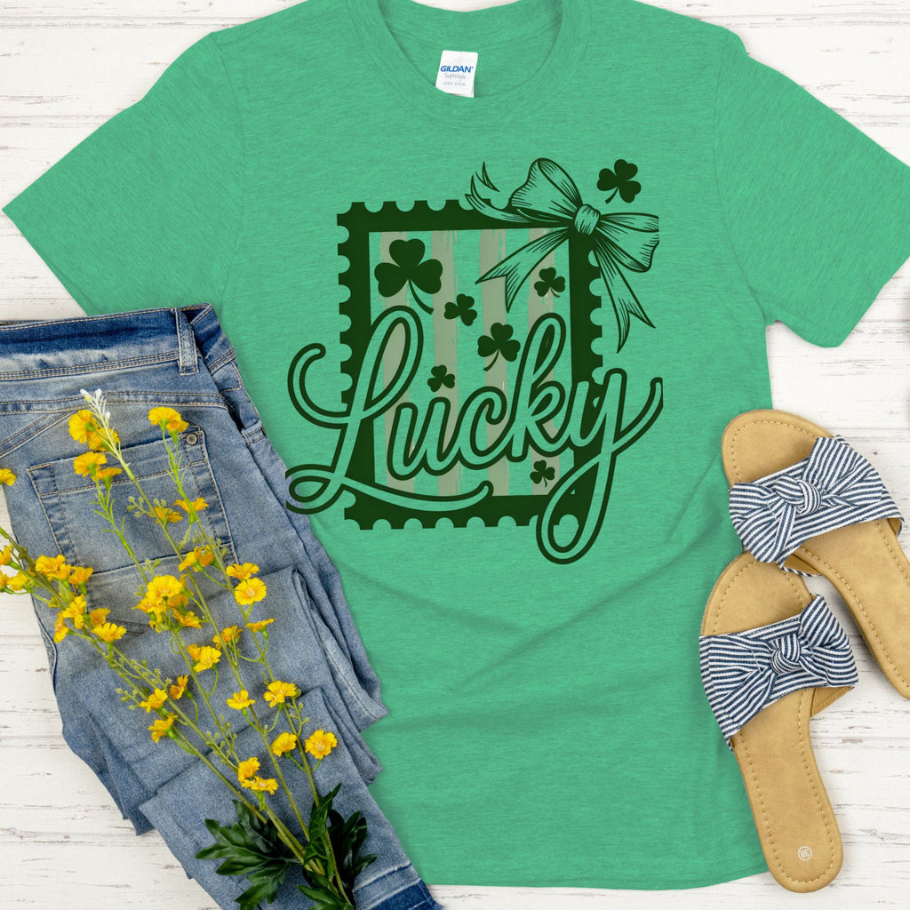 Lucky St. Patricks Day Shirt | Feminine Shamrock Bow Graphic Shirt