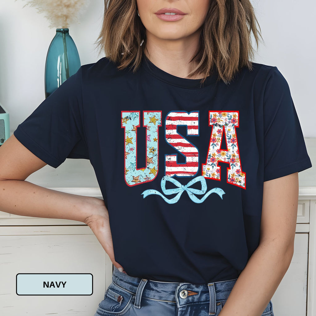 USA Bow Shirt – Feminine Patriotic Graphic Tee for Women