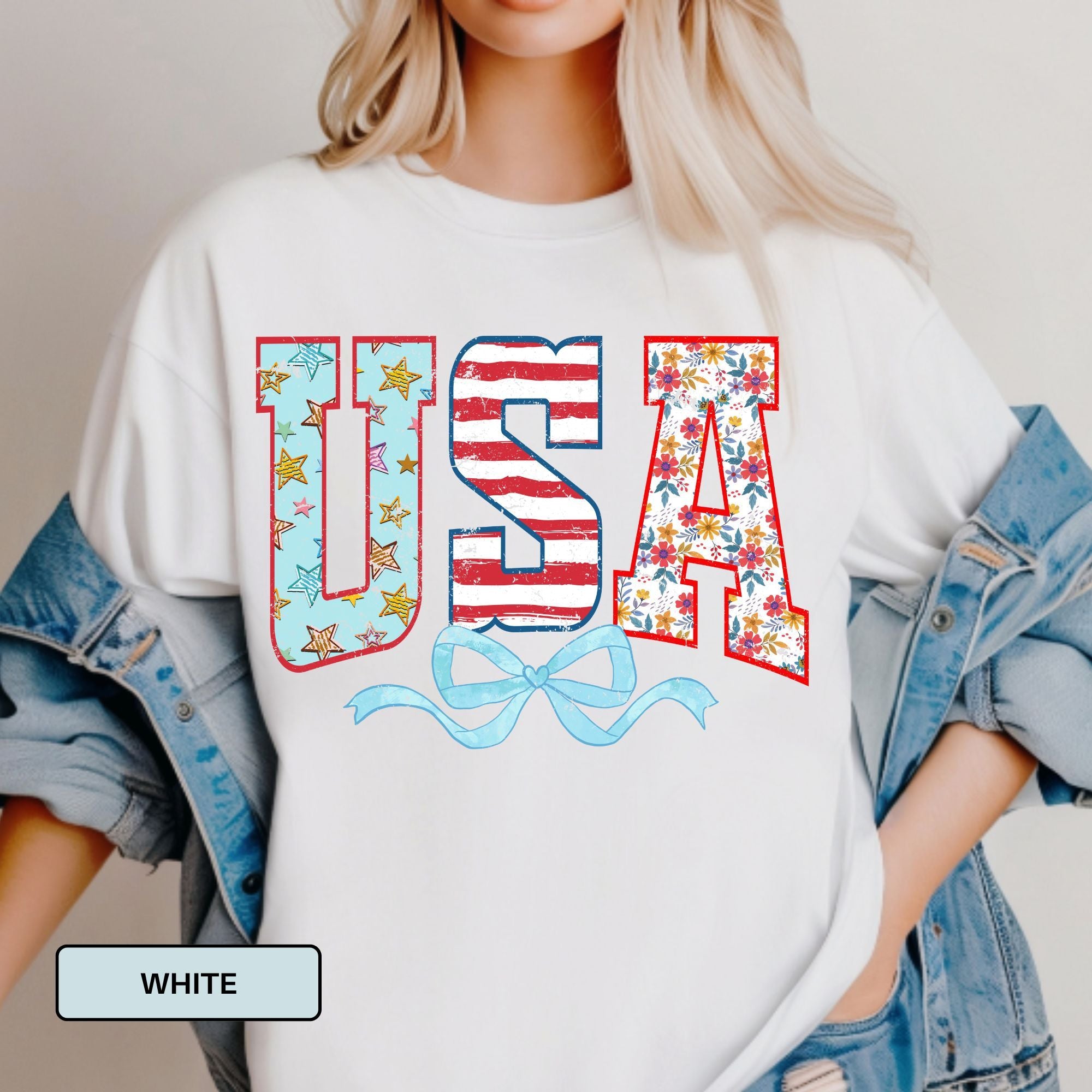 USA Bow Shirt – Feminine Patriotic Graphic Tee for Women