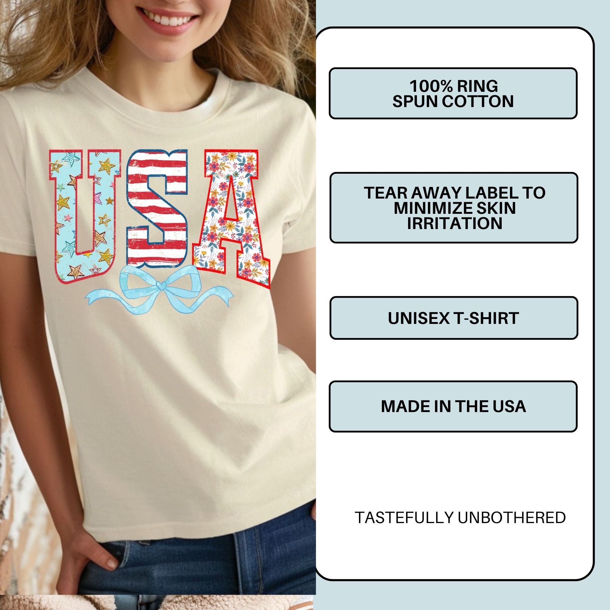 USA Bow Shirt – Feminine Patriotic Graphic Tee for Women