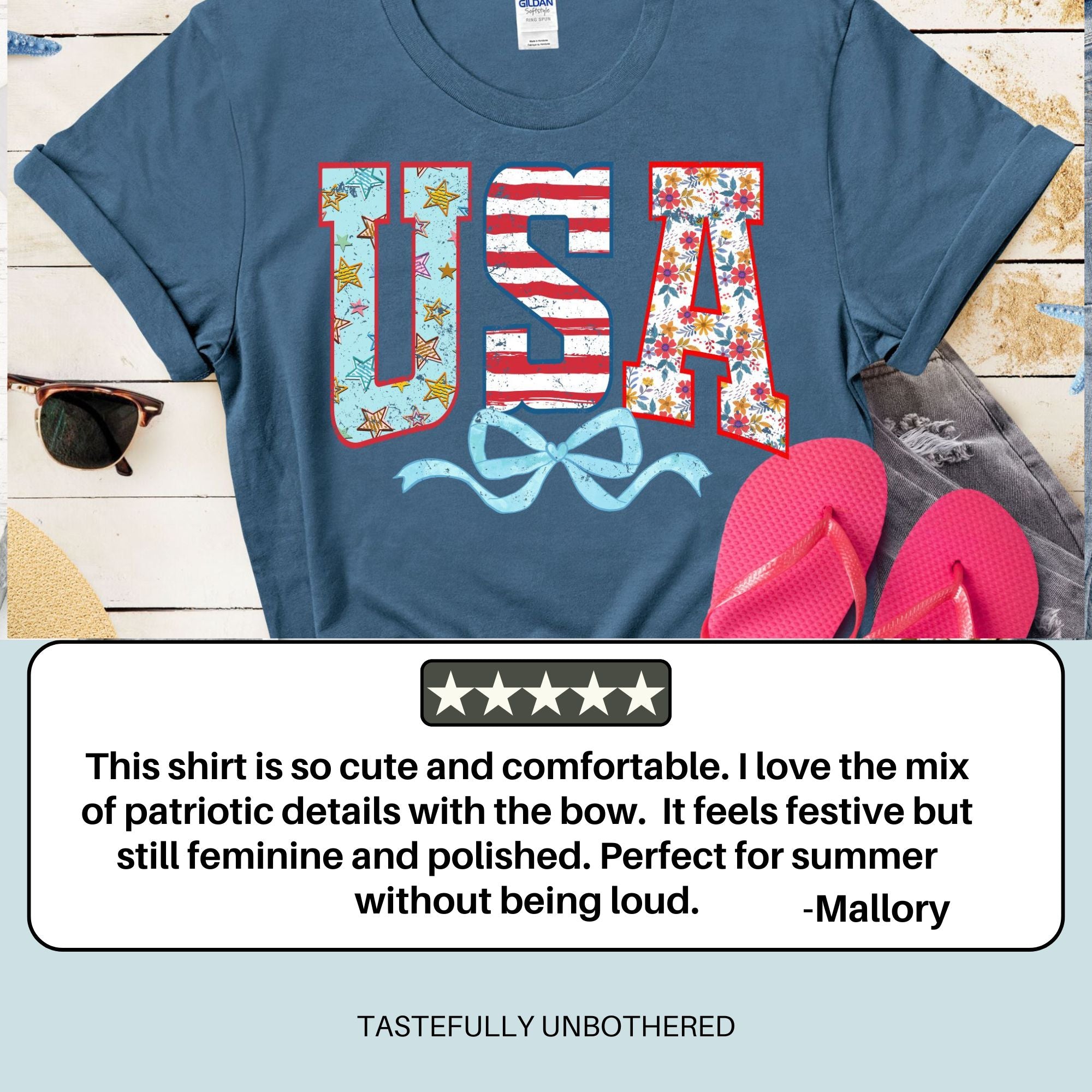 USA Bow Shirt – Feminine Patriotic Graphic Tee for Women