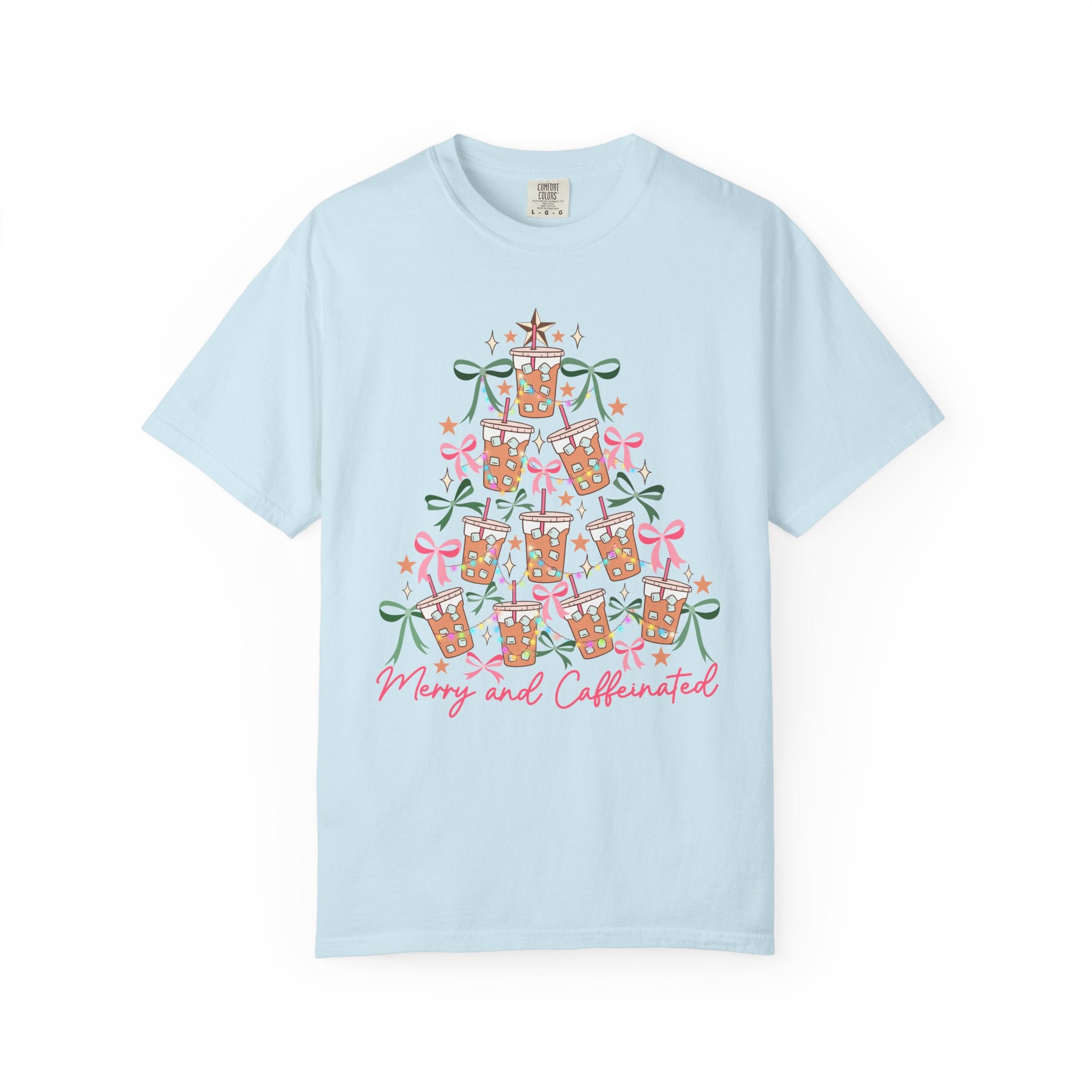 Merry and Caffeinated Shirt – Iced Coffee Christmas Tree Tee, Funny Holiday Shirt for Coffee Lovers, Festive Barista Gift