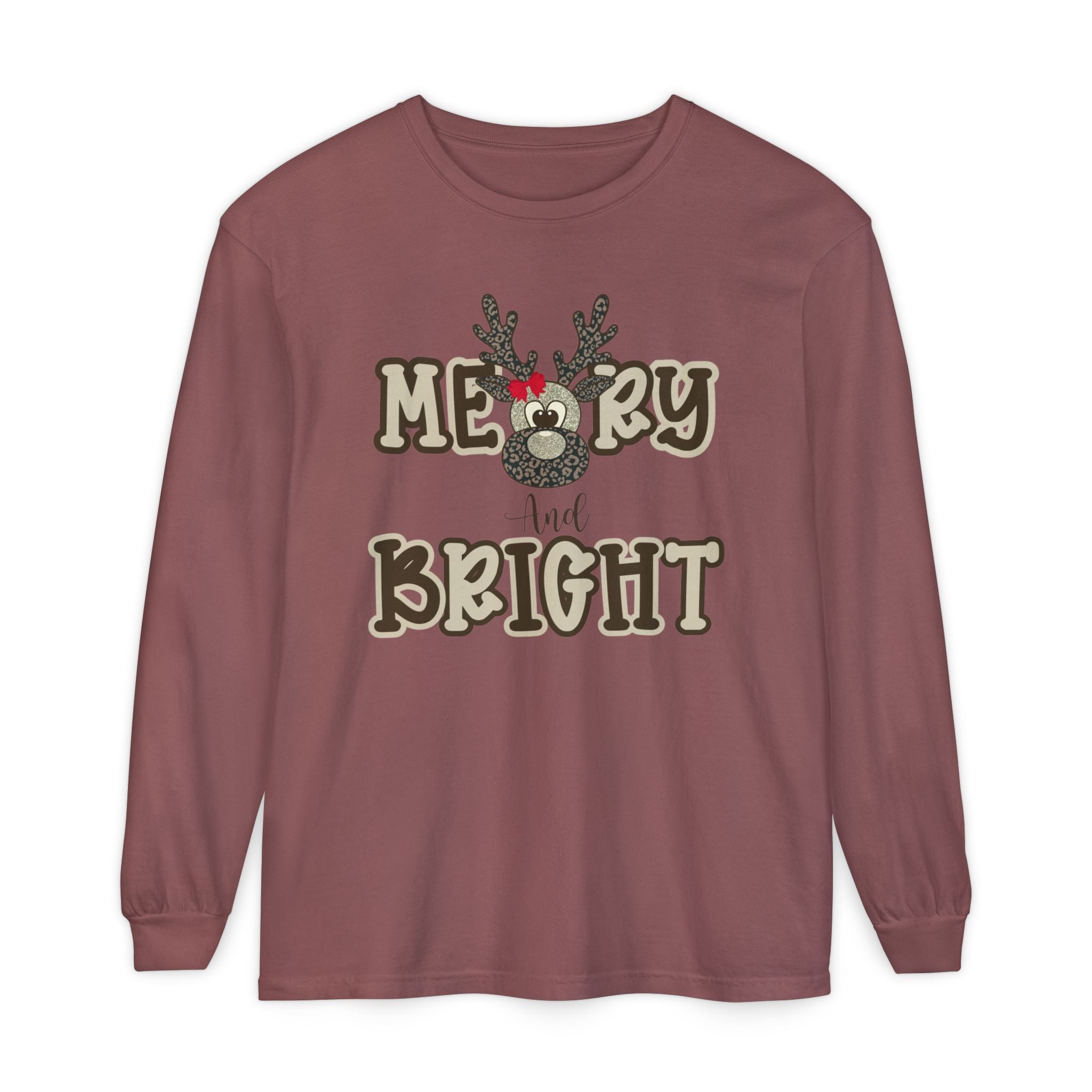 Merry & Bright Reindeer Long Sleeve – Comfort Colors® Cheetah Print Christmas Shirt for Women