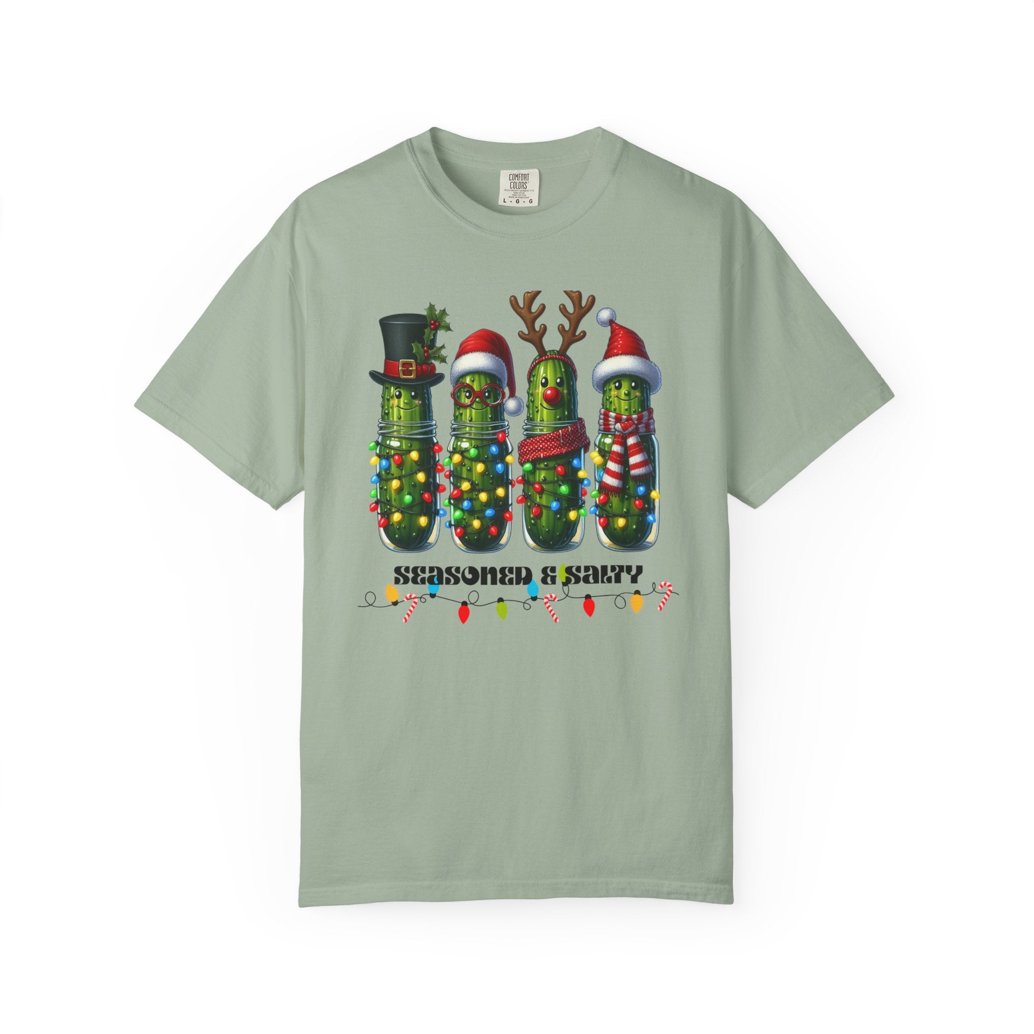 Seasoned & Salty Christmas Pickle T-Shirt | Funny Holiday Shirt, Cute Christmas Tee, Festive Graphic Top, Quirky Gift for Her or Him