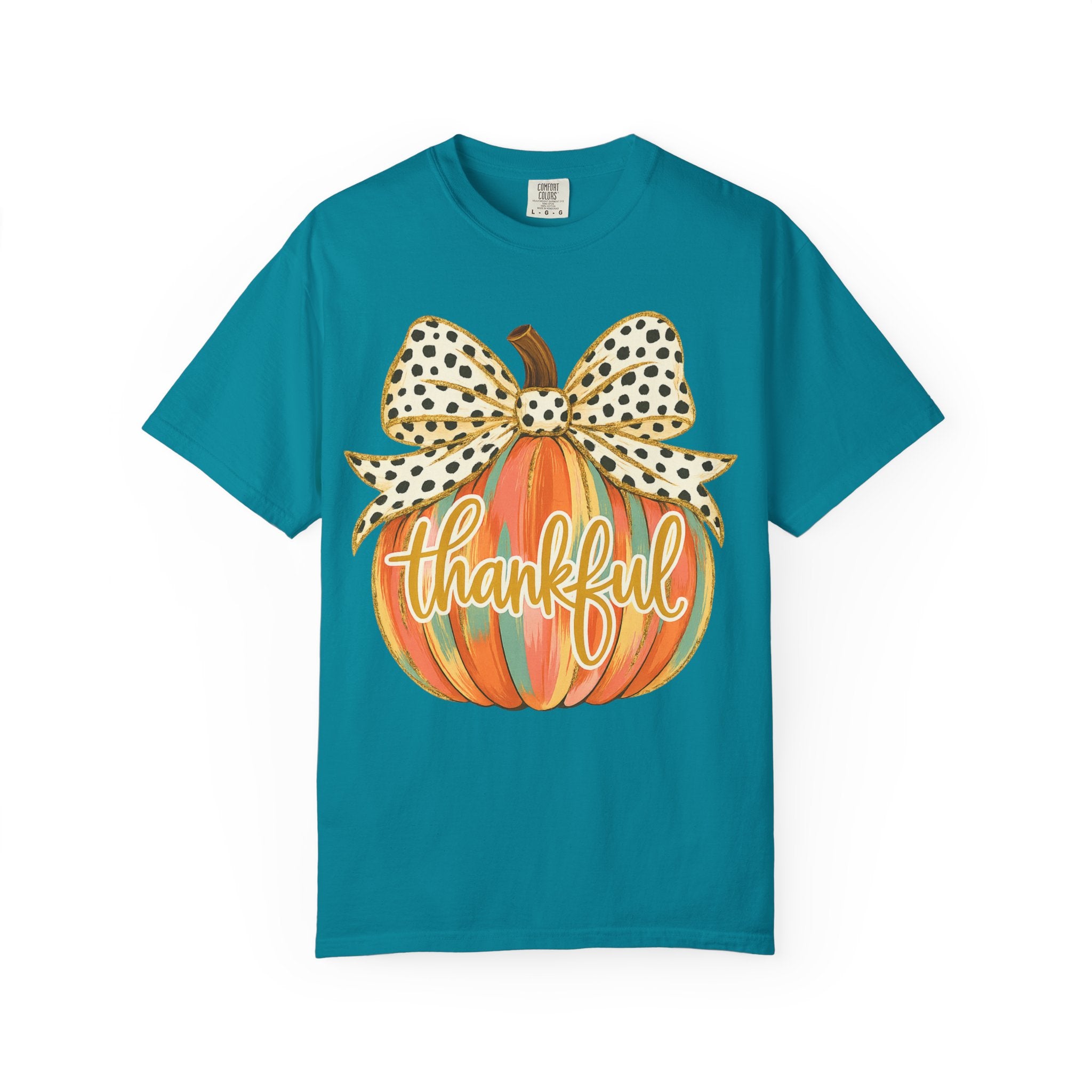 Thankful Pumpkin Shirt – Colorful Fall Tee with Leopard Bow & Glitter Detail | Coquette Thanksgiving Graphic T-Shirt