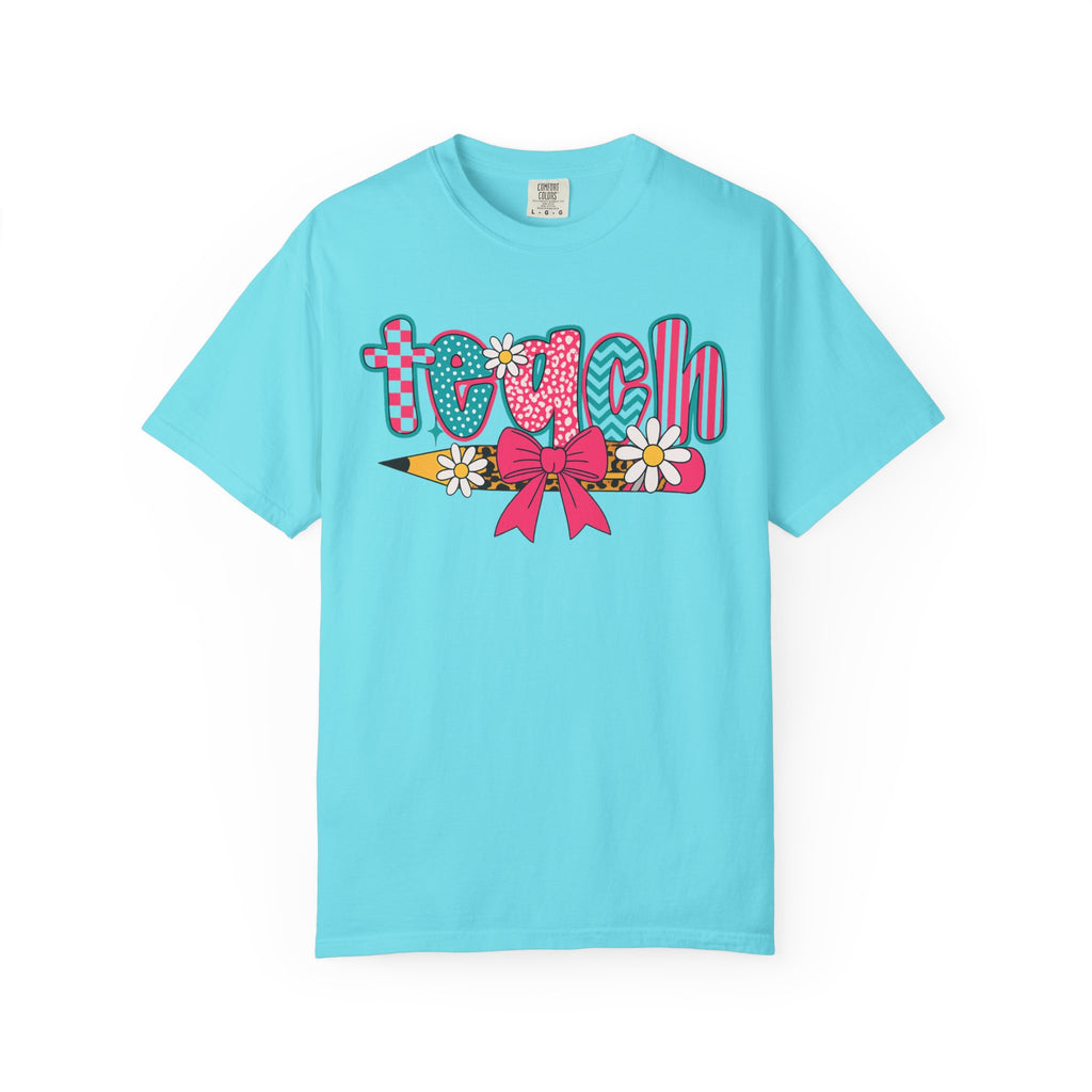 Retro Teacher T-Shirt | Colorful Teach Graphic Tee with Bow & Daisies | Cute Teacher Gift