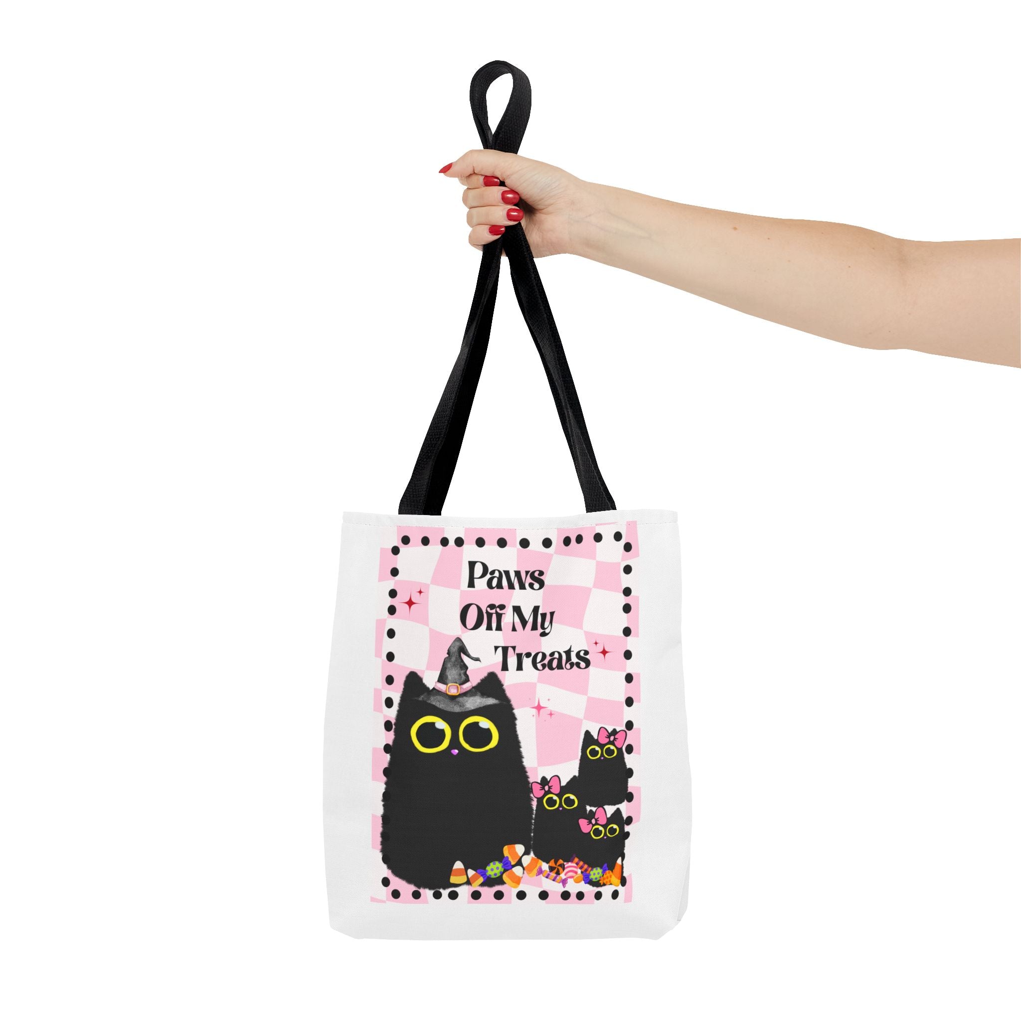 Paws Off My Treats Halloween Tote Bag | Cute Black Cat Candy Trick-or-Treat Canvas Bag