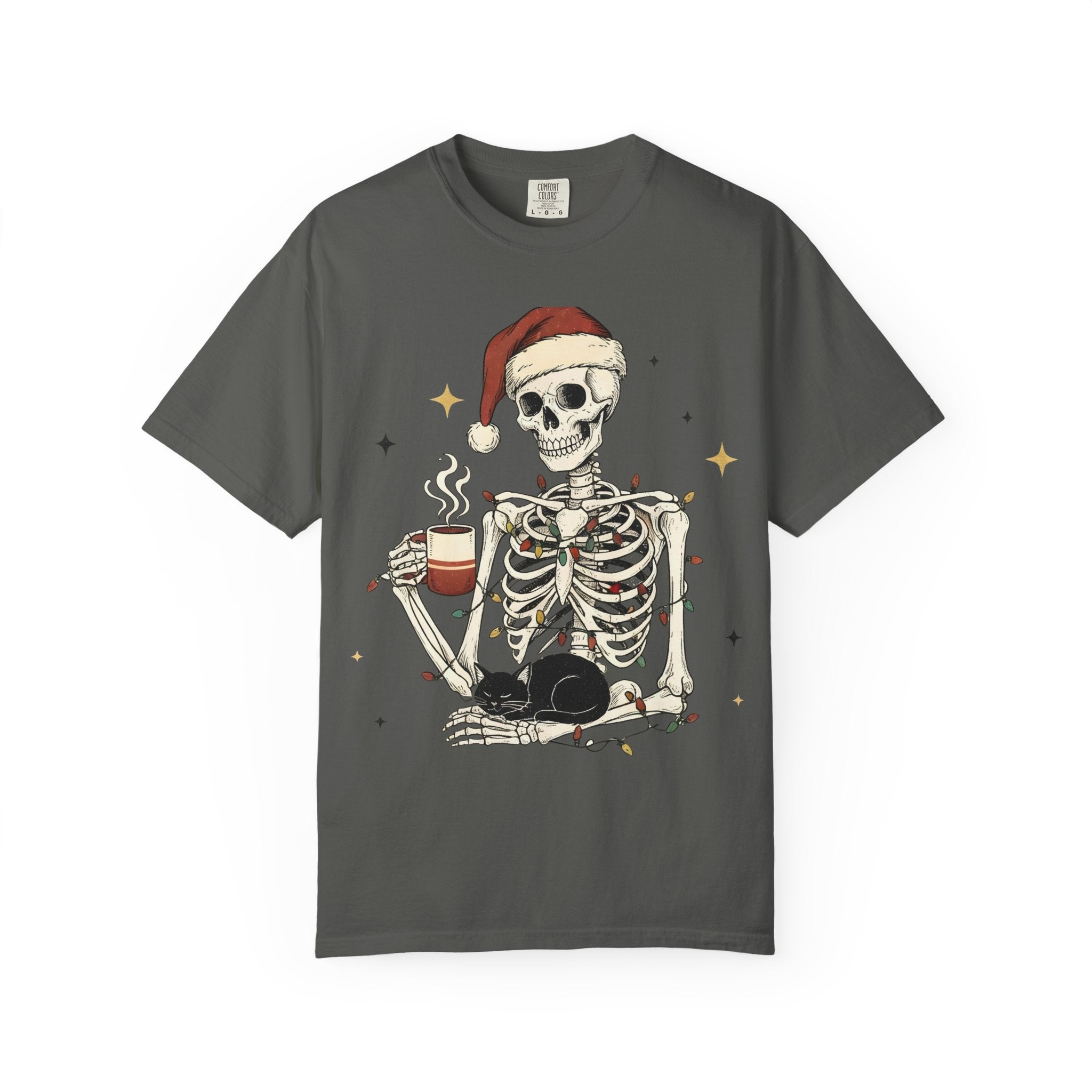 Skeleton Christmas Shirt – Spooky Holiday Shirt with Santa Hat, Coffee, Black Cat & Lights | Funny Cozy Gothic Christmas Tee